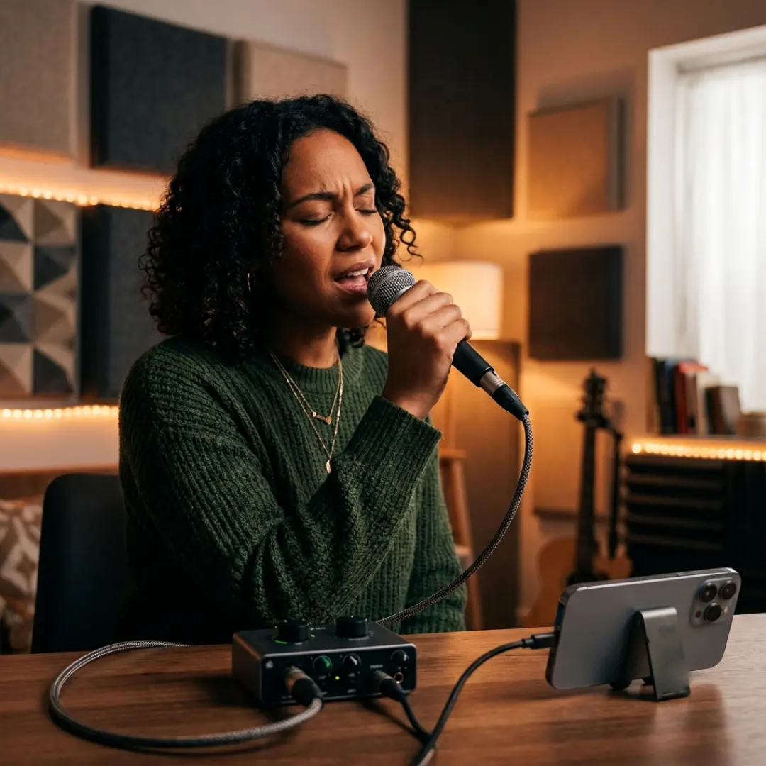 Vocalist recording into a dynamic mic and audio interface connected to a phone