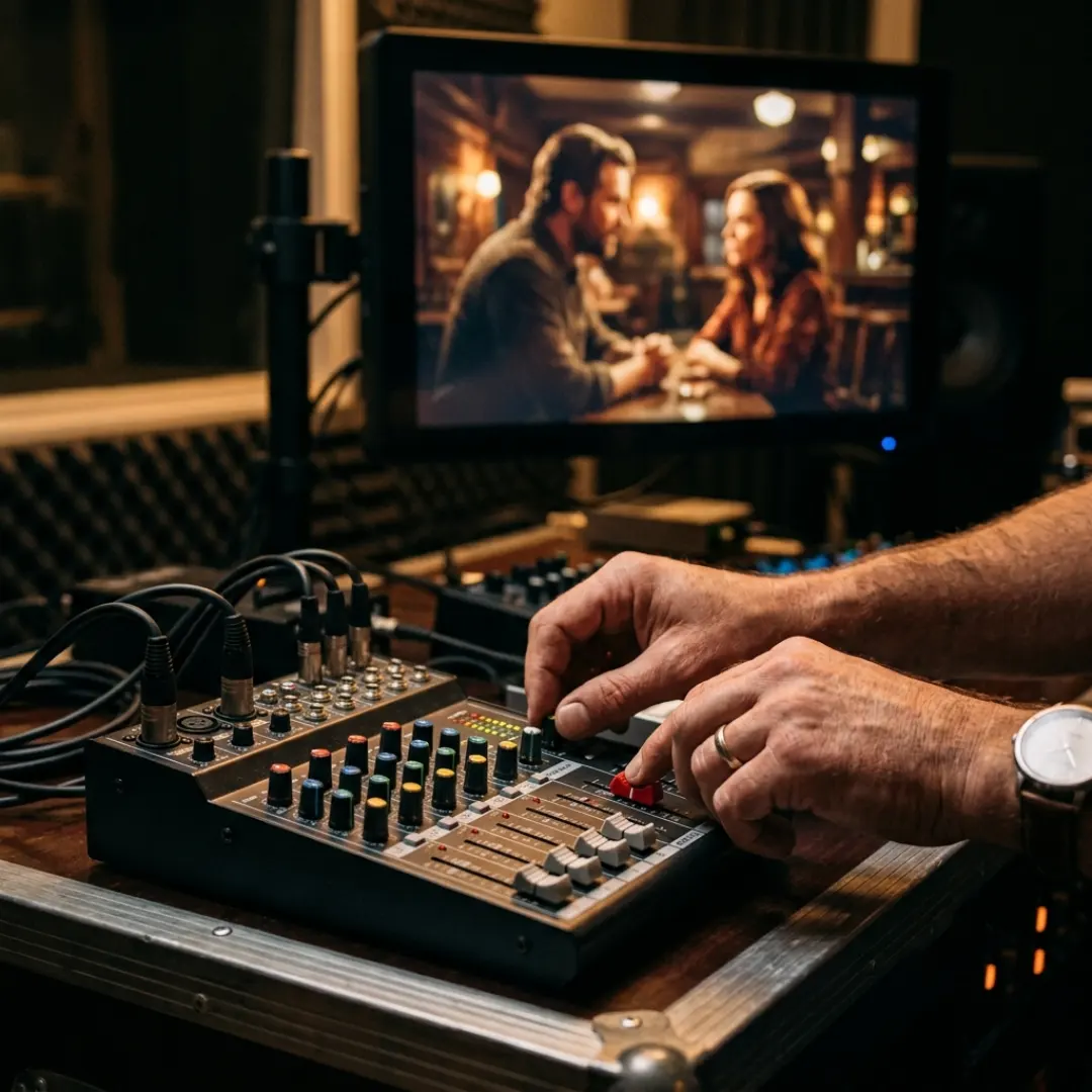 Editor using a royalty free music subscription while mixing audio for a cinematic video