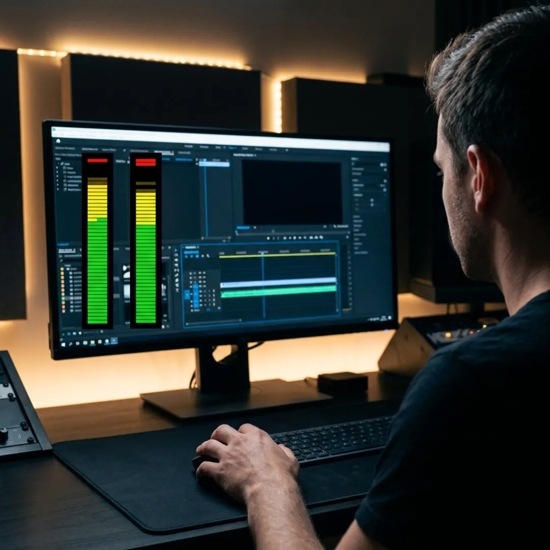 Editor monitoring audio level meters while setting dialogue and music levels in Premiere Pro