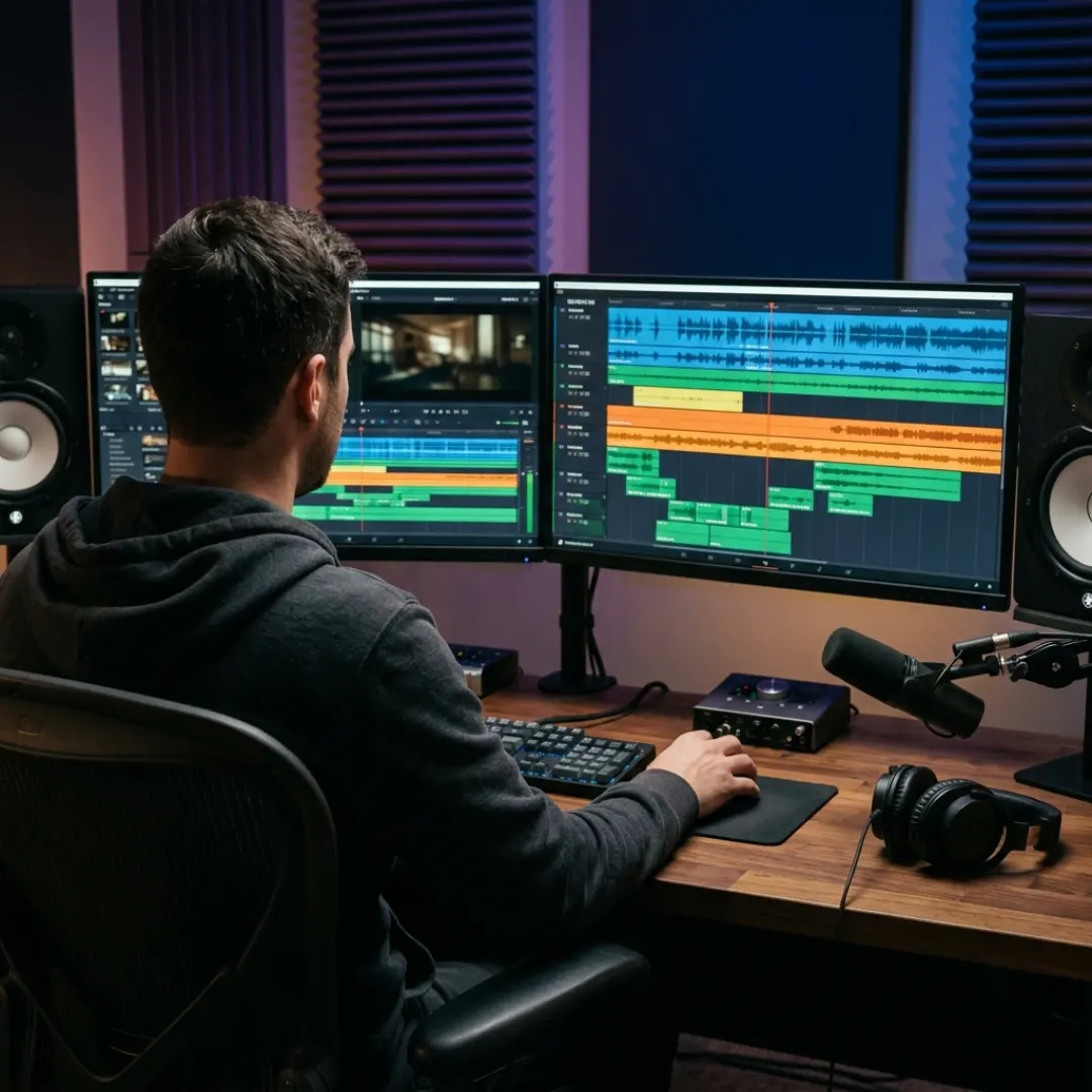 Video editor syncing royalty free music with sound effects in an editing timeline