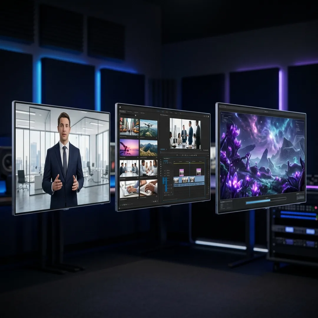 Three types of text to video AI tools shown side by side: AI avatar presenter, stock footage assembly, and generative AI video