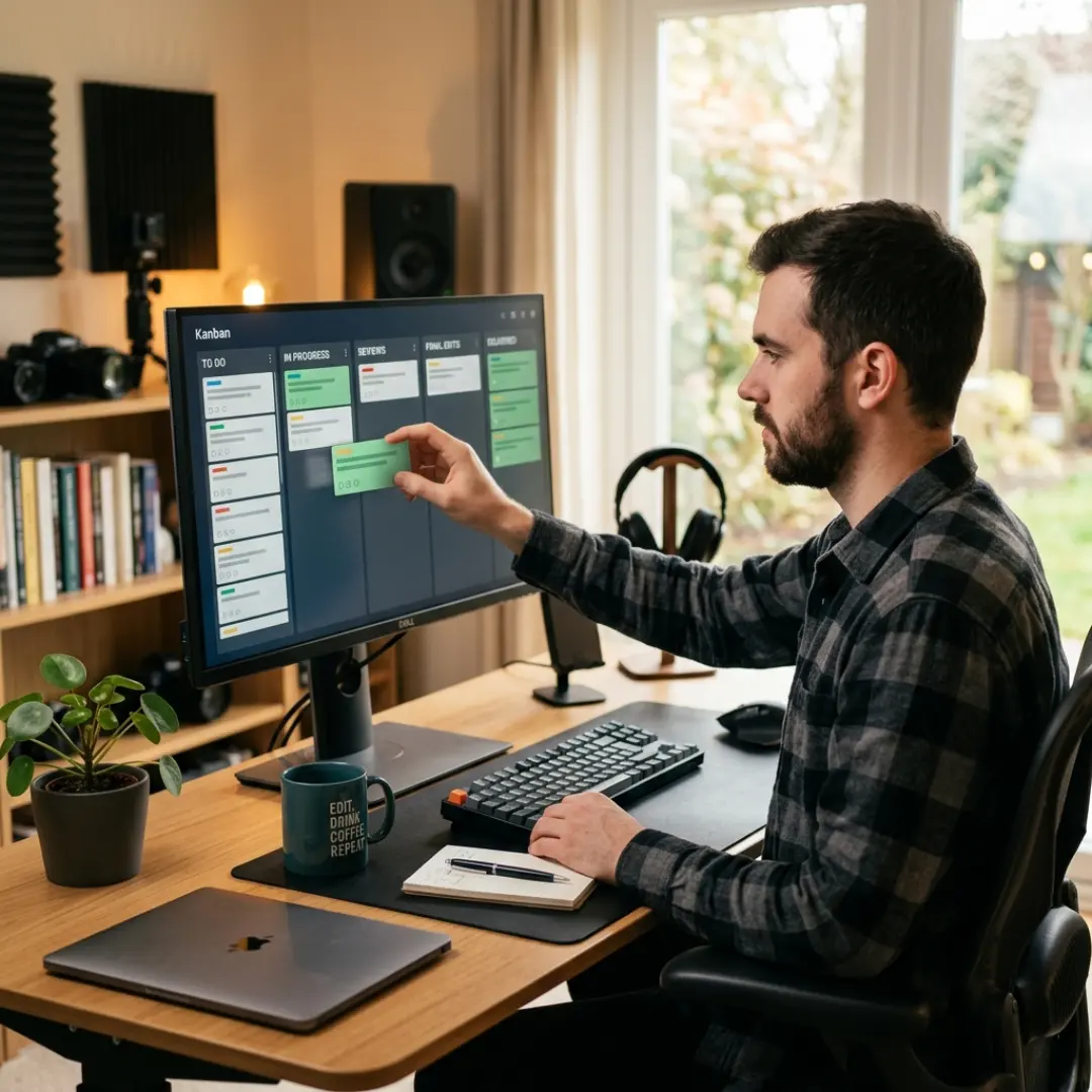 Video editor moving a task through a kanban workflow from intake to delivery