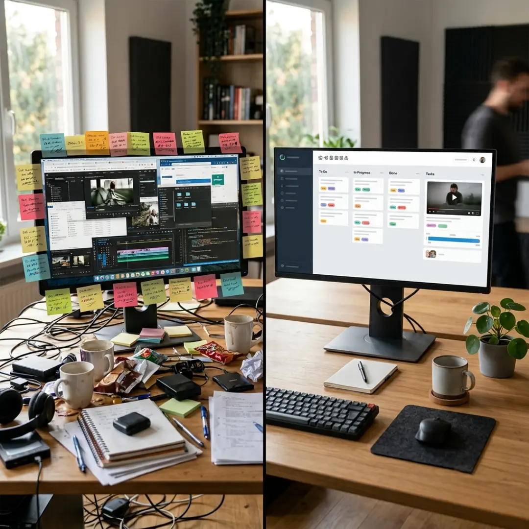 Side-by-side comparison of a chaotic versus an organized video editing workspace