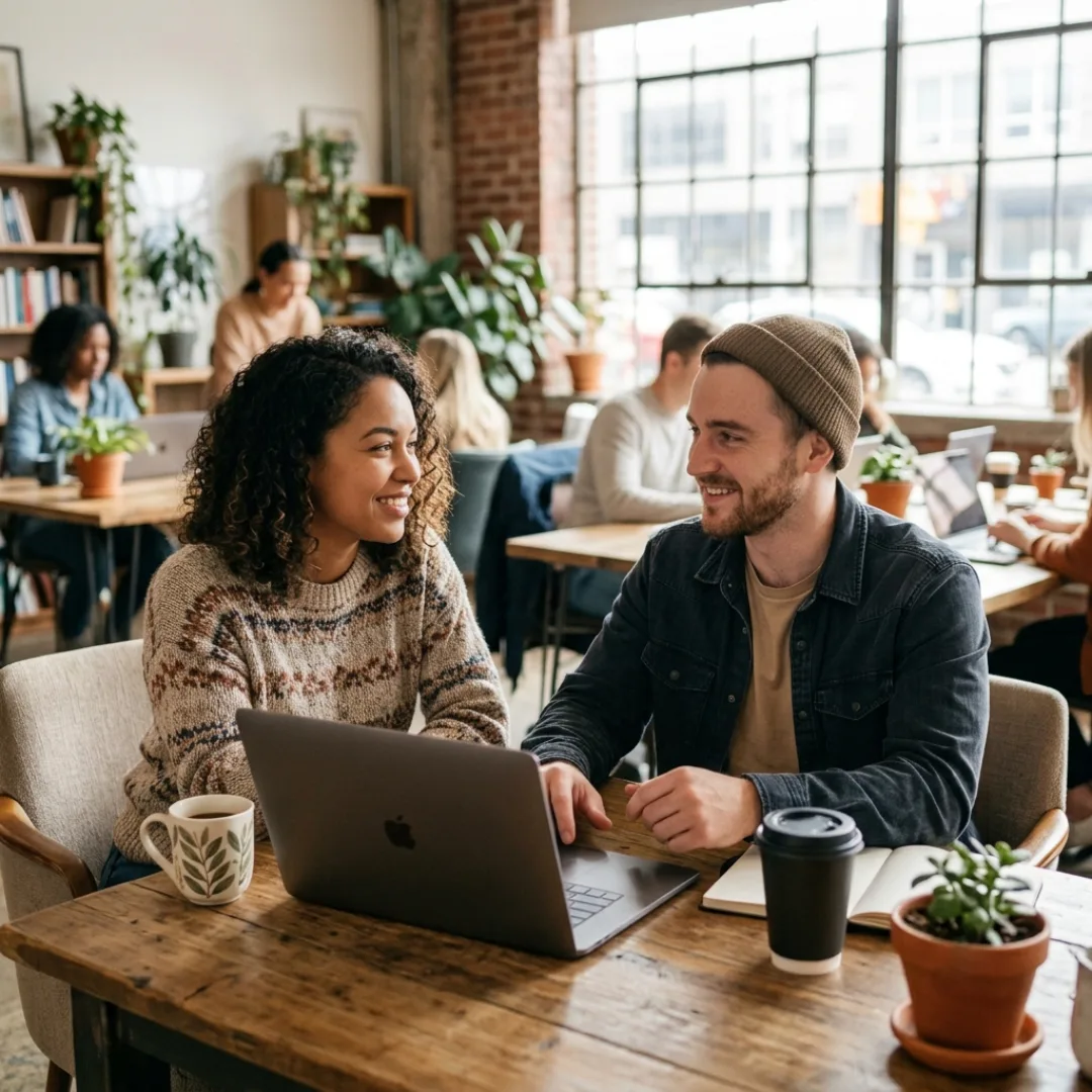 Two video creatives networking and collaborating in a bright coworking space