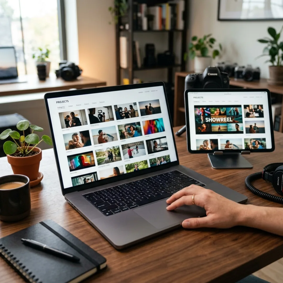 Video editing portfolio and showreel displayed on a laptop and tablet