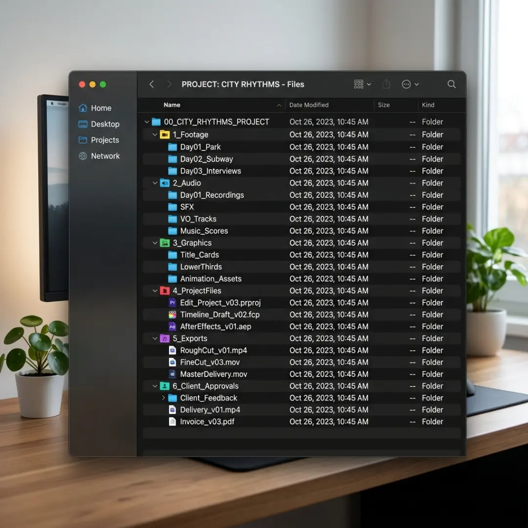 Organized numbered folder structure for a video editing project