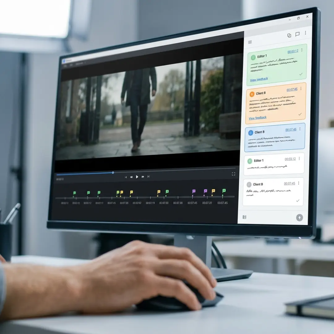 Video editor reviewing client feedback with timestamped comments on a review and approval tool