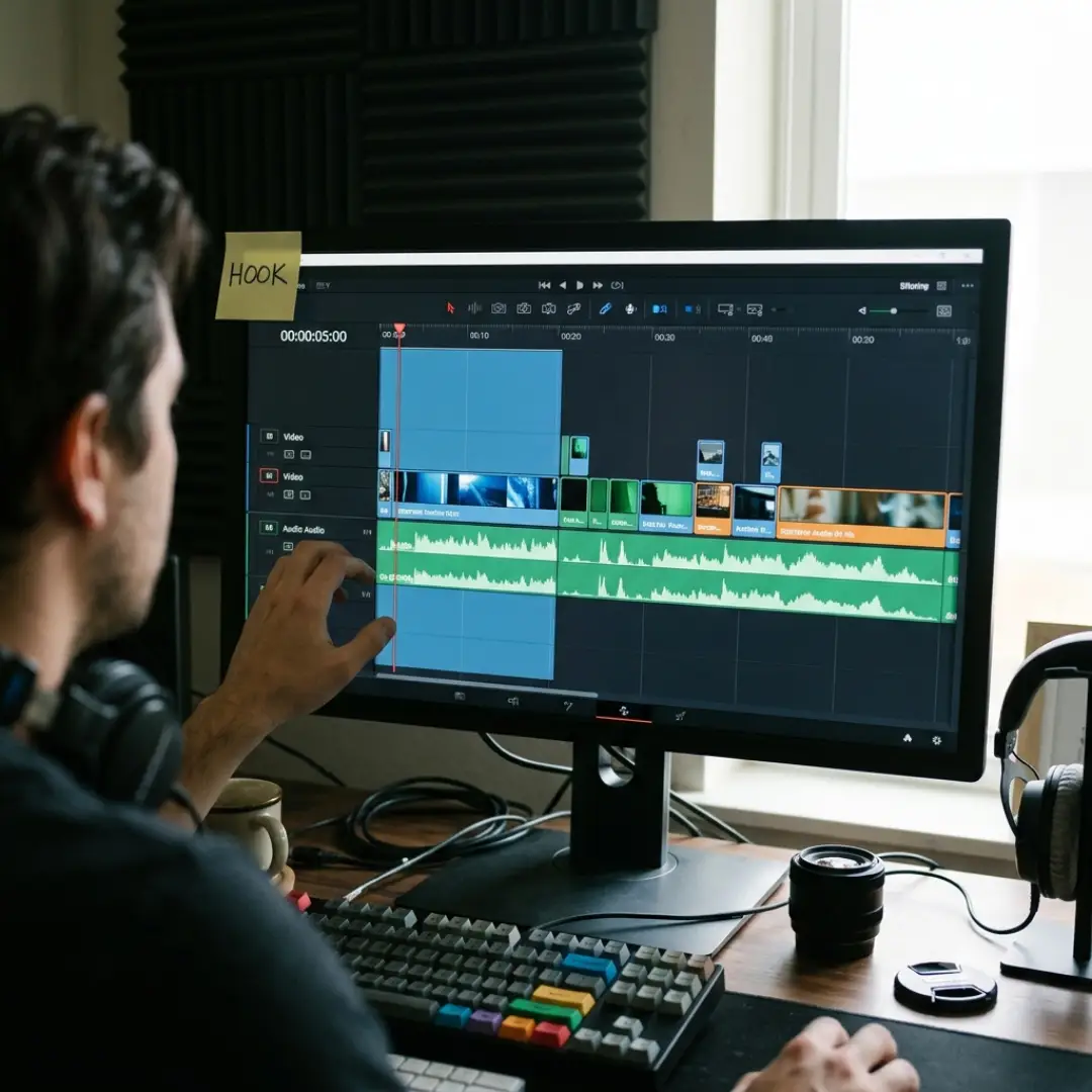 Video editor refining the first 30 seconds of a YouTube video on an editing timeline