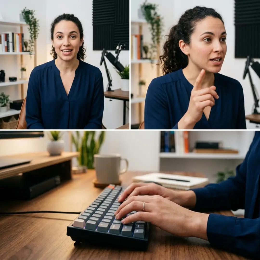 Three video frames showing pattern interrupt editing techniques: talking head, zoom punch-in, and B-roll cutaway