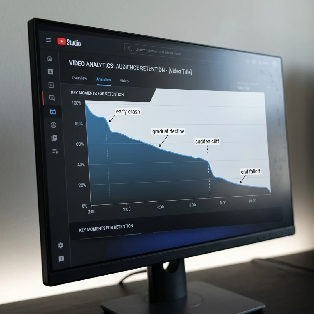 Annotated YouTube audience retention graph showing four common drop-off patterns