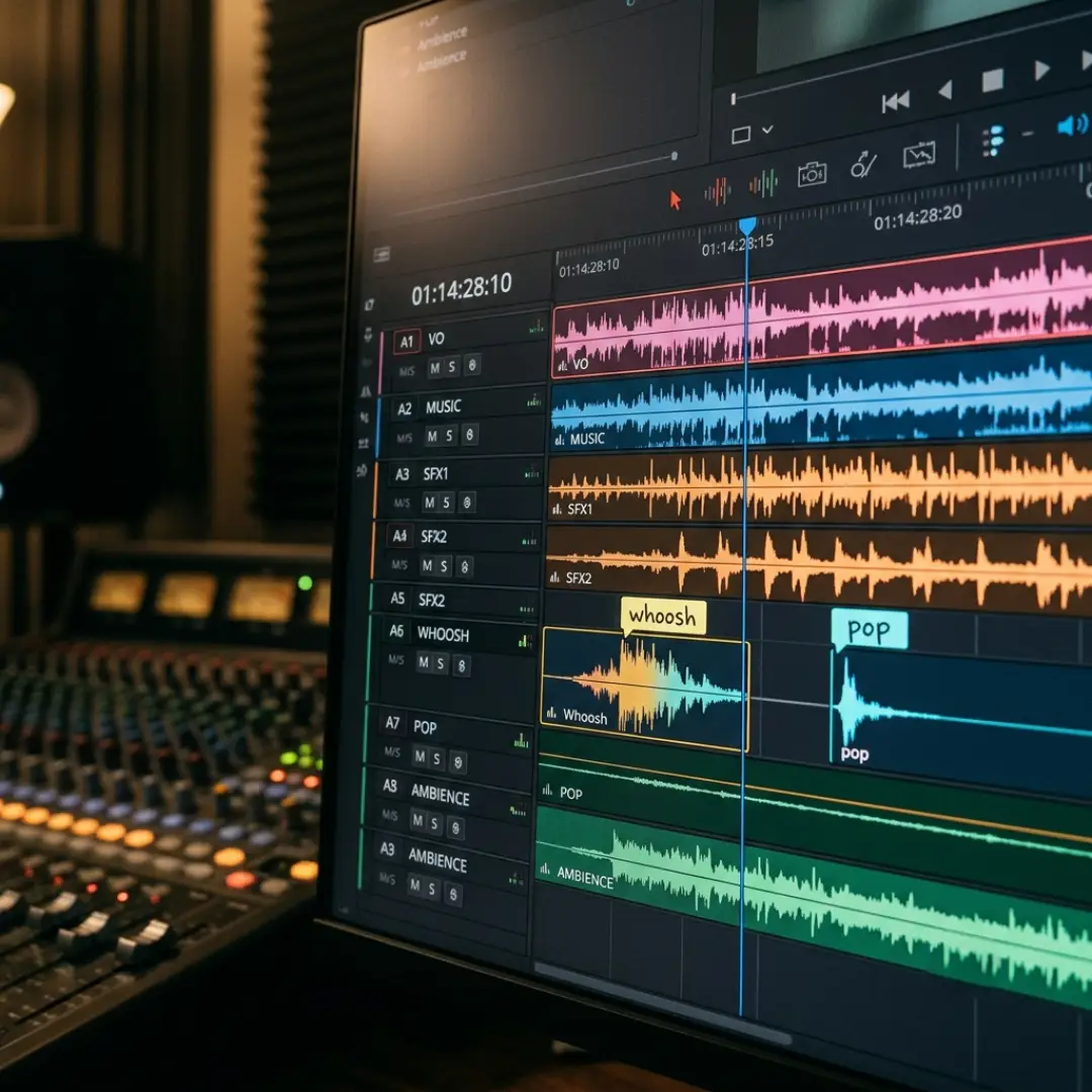 Video editing timeline with layered audio waveforms and sound effect markers for retention editing