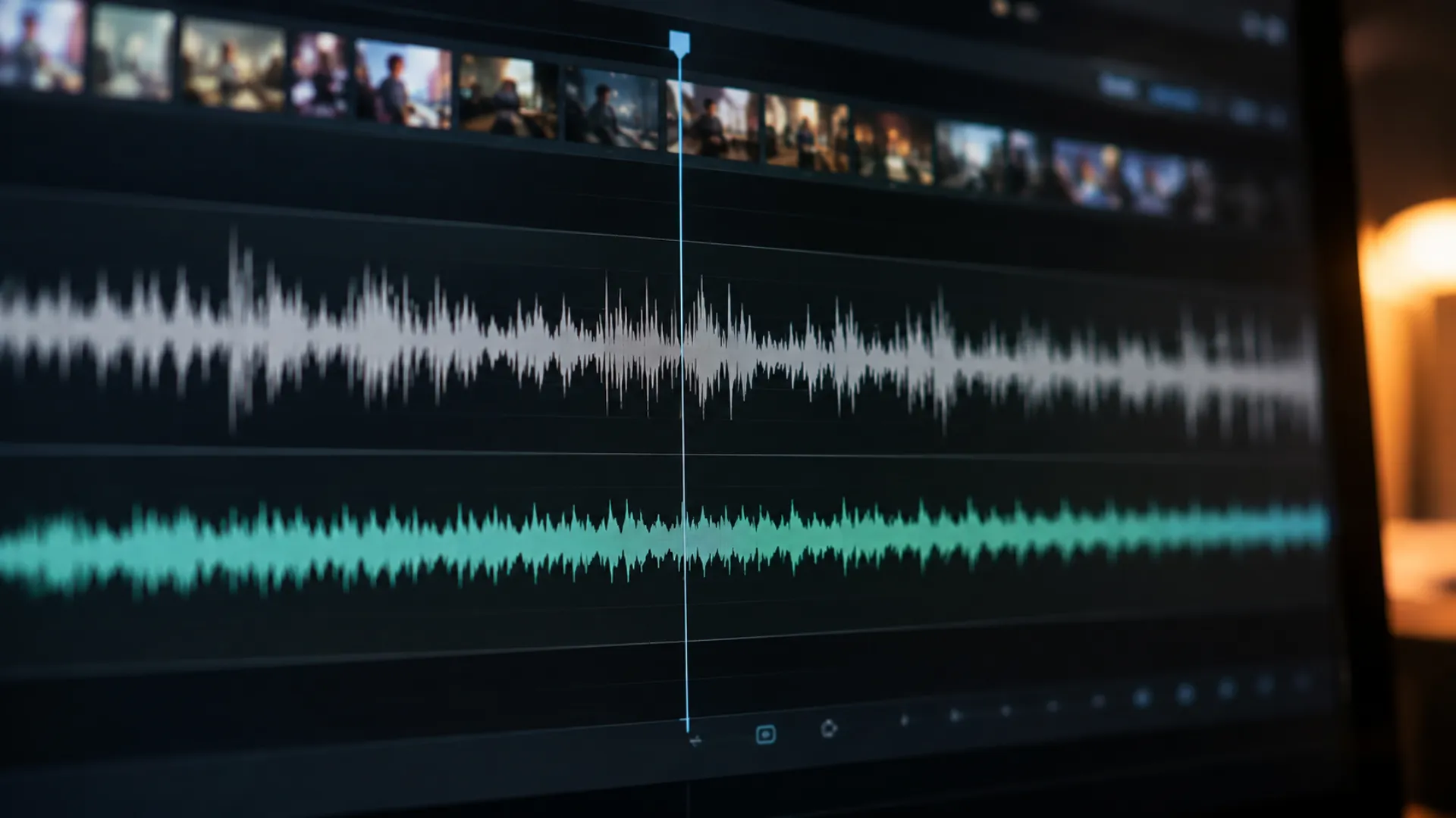 Editing timeline with a noisy original audio track aligned above its AI cleaned replacement