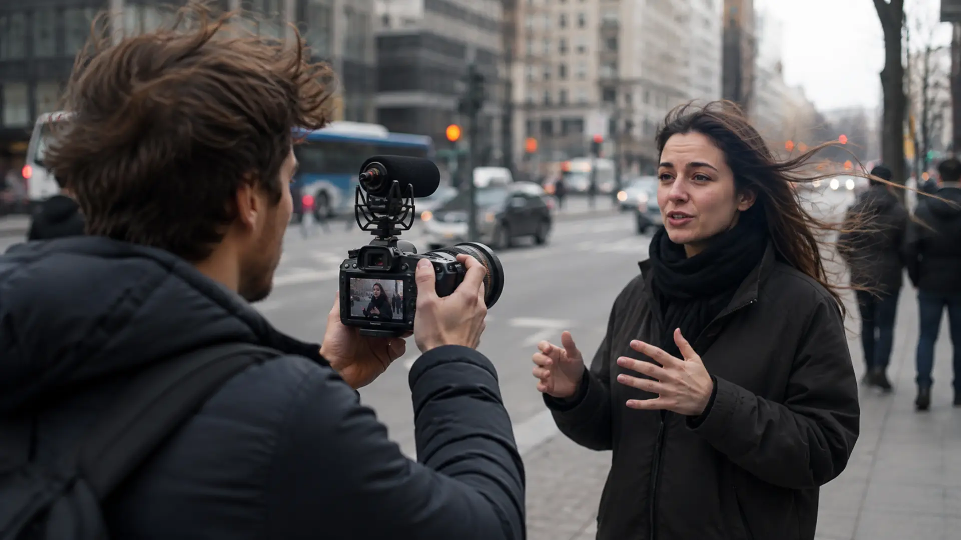Creator filming outdoors in wind and traffic, a common source of background noise in video