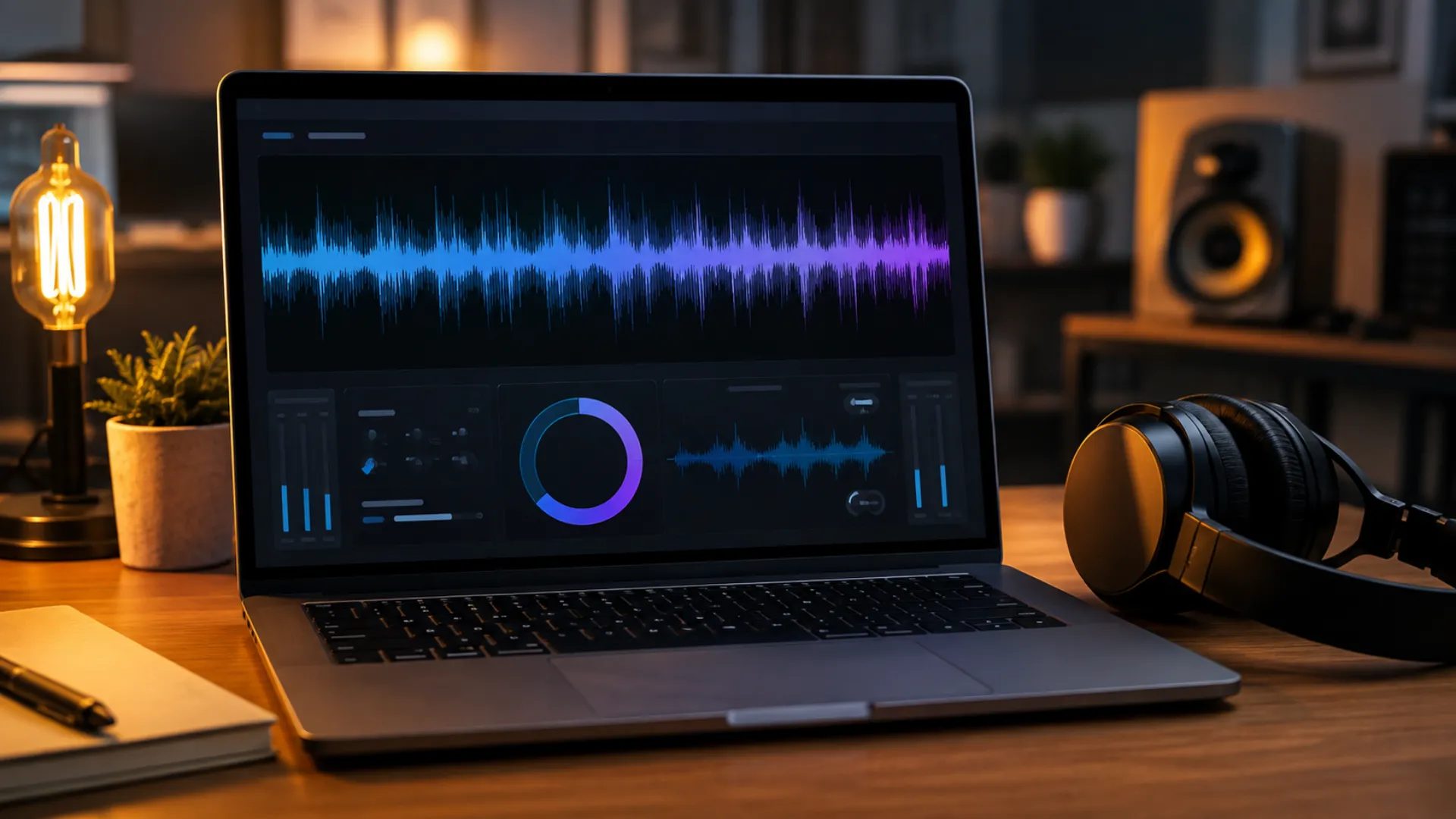 Laptop running an AI audio enhancer to remove background noise from a video recording