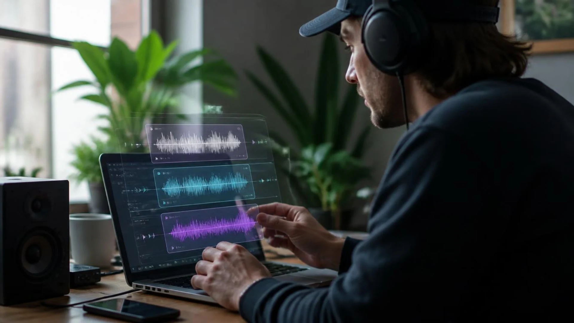 Creator comparing AI sound effects generator tools on a laptop