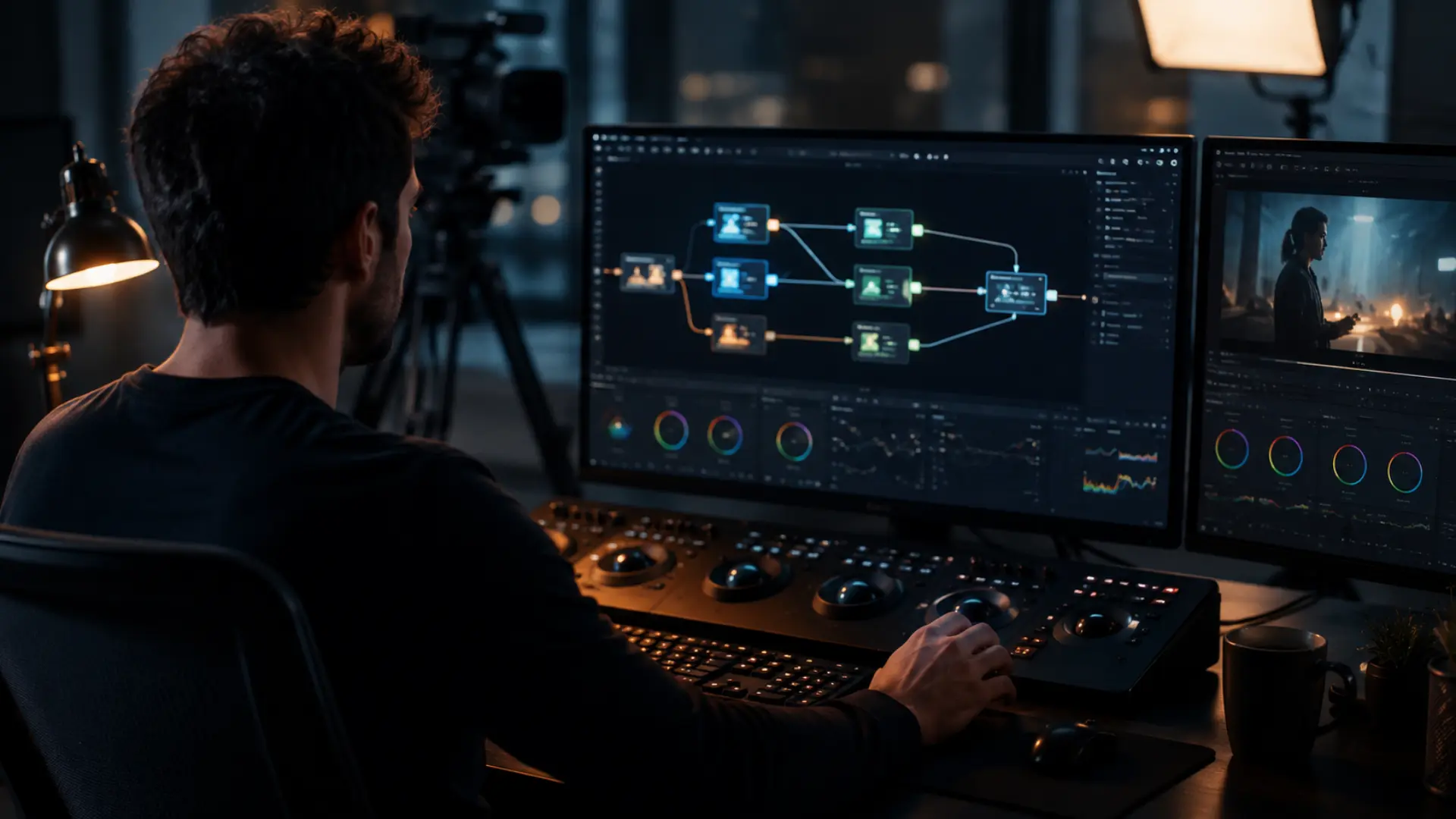 Professional DaVinci Resolve node tree structure on a colorist's grading workstation