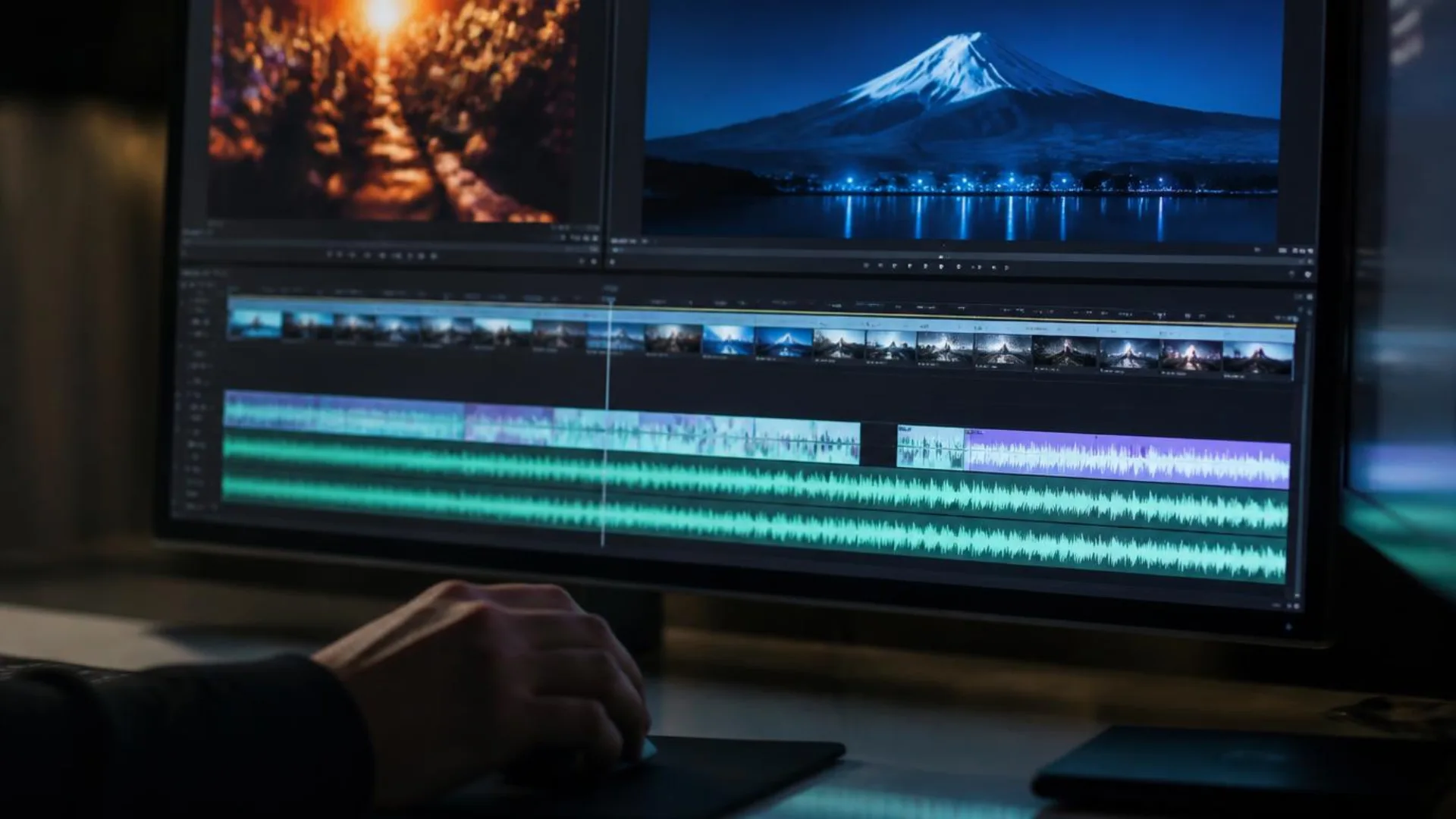 Layered sound effects tracks in a video editing timeline during AI sound design
