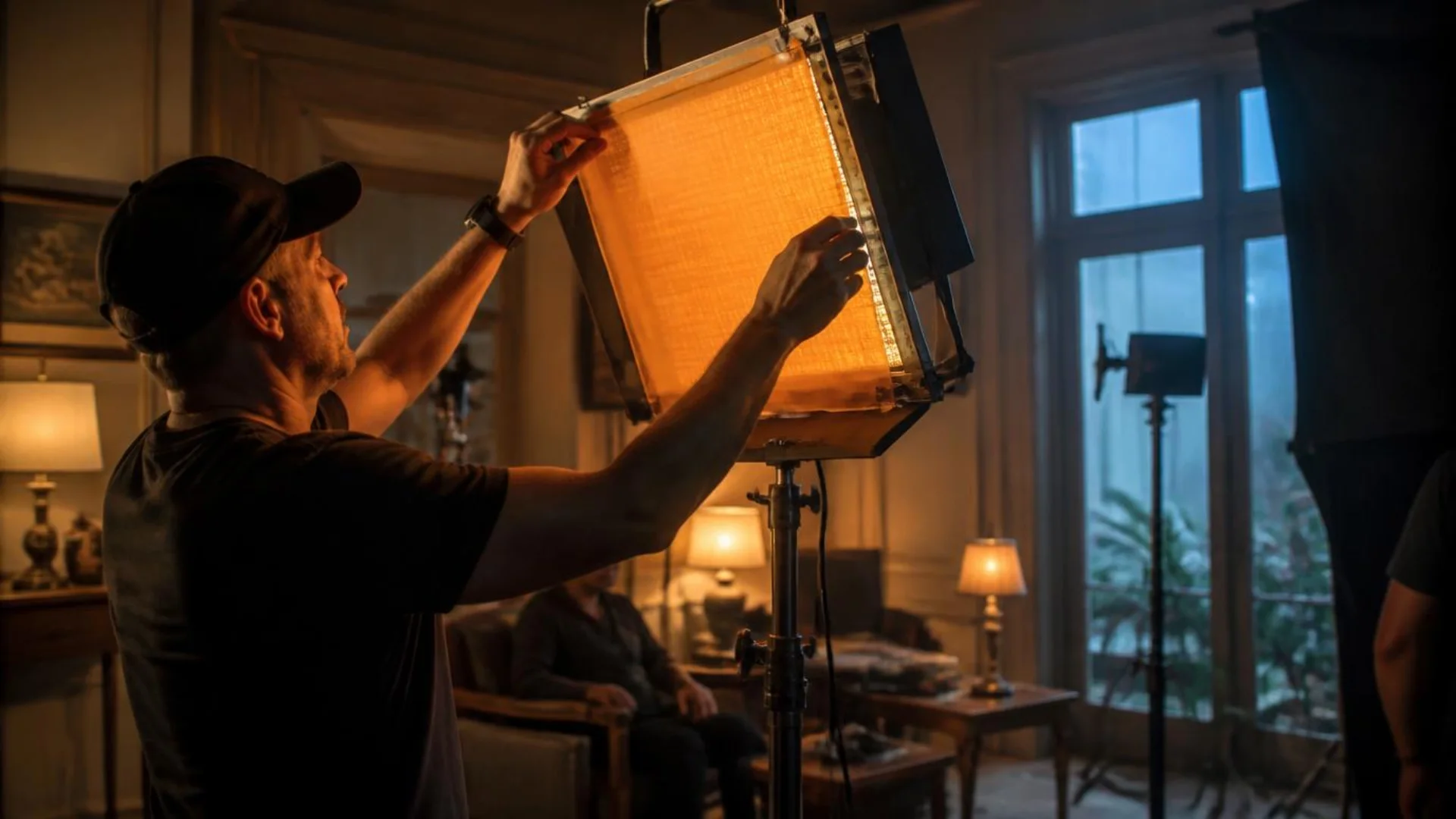 Gaffer applying CTO gel to balance mixed color temperatures on a film set