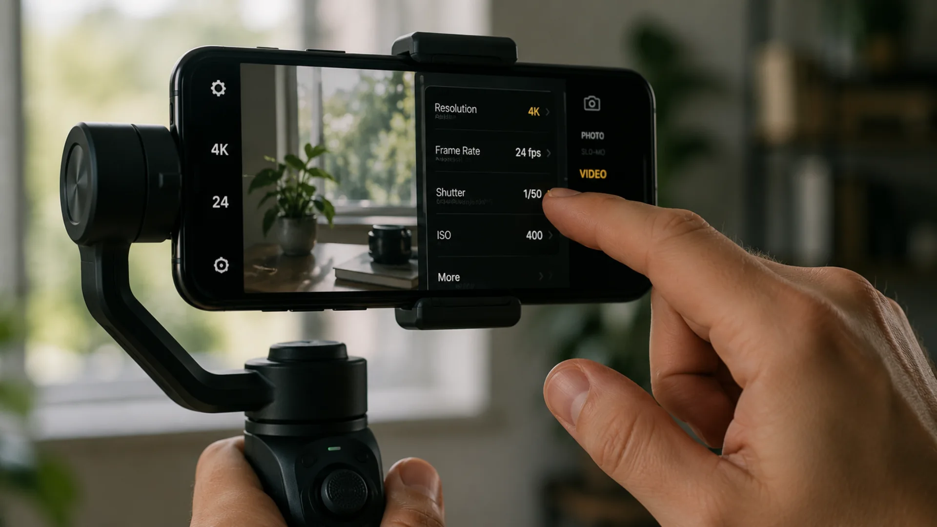 Setting 4K 24 fps cinematic camera settings on a phone mounted on a gimbal