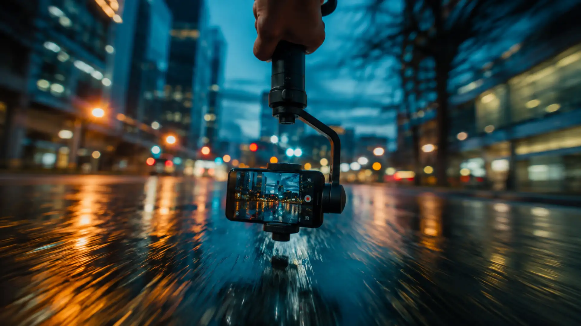 Low-angle glide phone gimbal move captured inches above reflective pavement at dusk