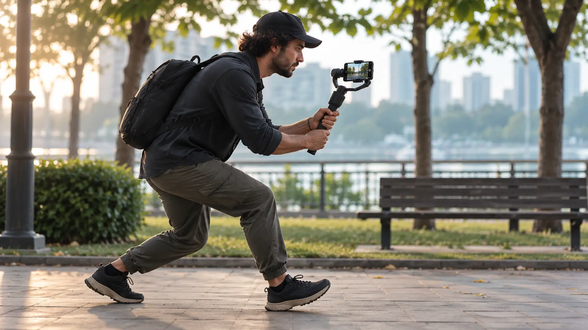 Videographer demonstrating the ninja walk technique for smooth phone gimbal footage