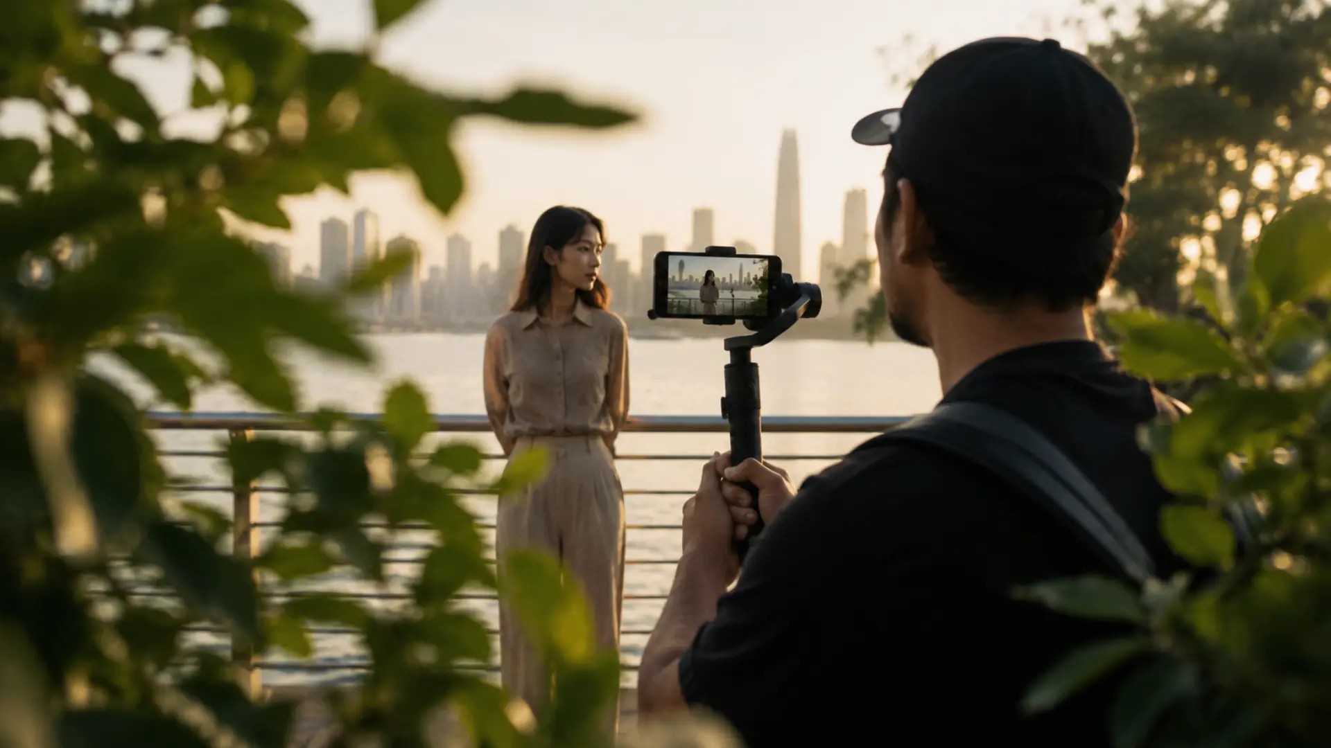 Parallax phone gimbal shot with blurred foreground leaves, sharp subject, and soft background skyline