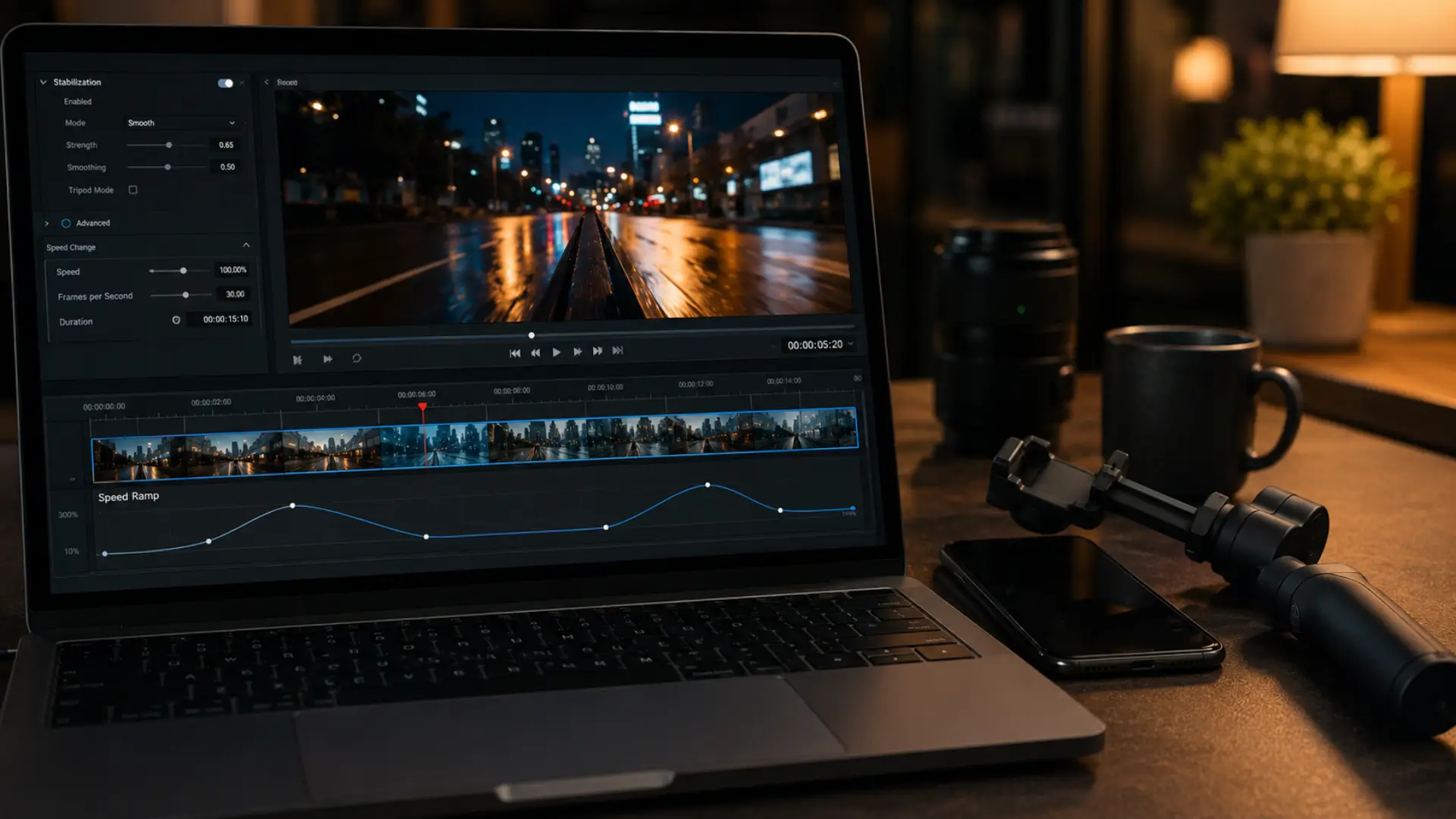 Editing timeline with stabilization and speed ramp applied to phone gimbal footage