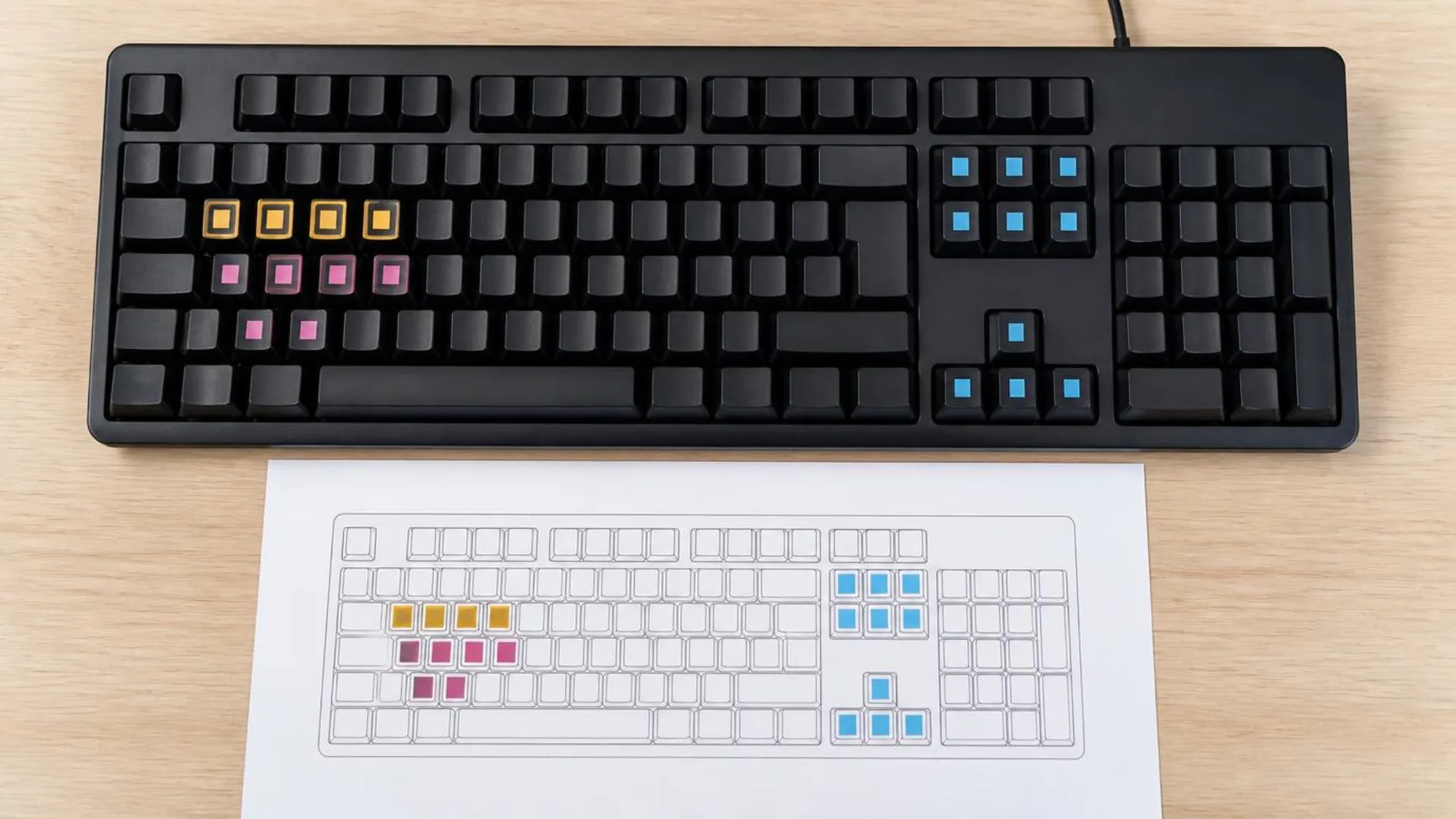 Custom Premiere Pro keyboard layout with color-coded editing and navigation key zones