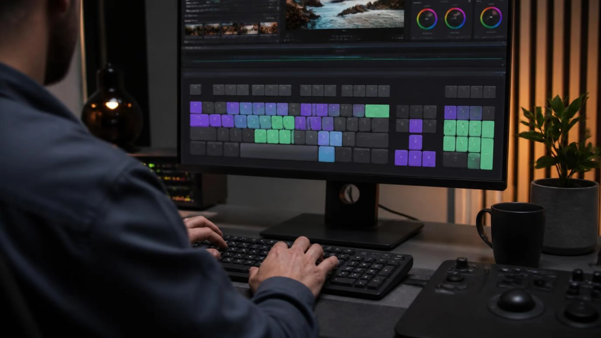 Editor customizing the visual keyboard layout in Premiere Pro's Keyboard Shortcuts panel
