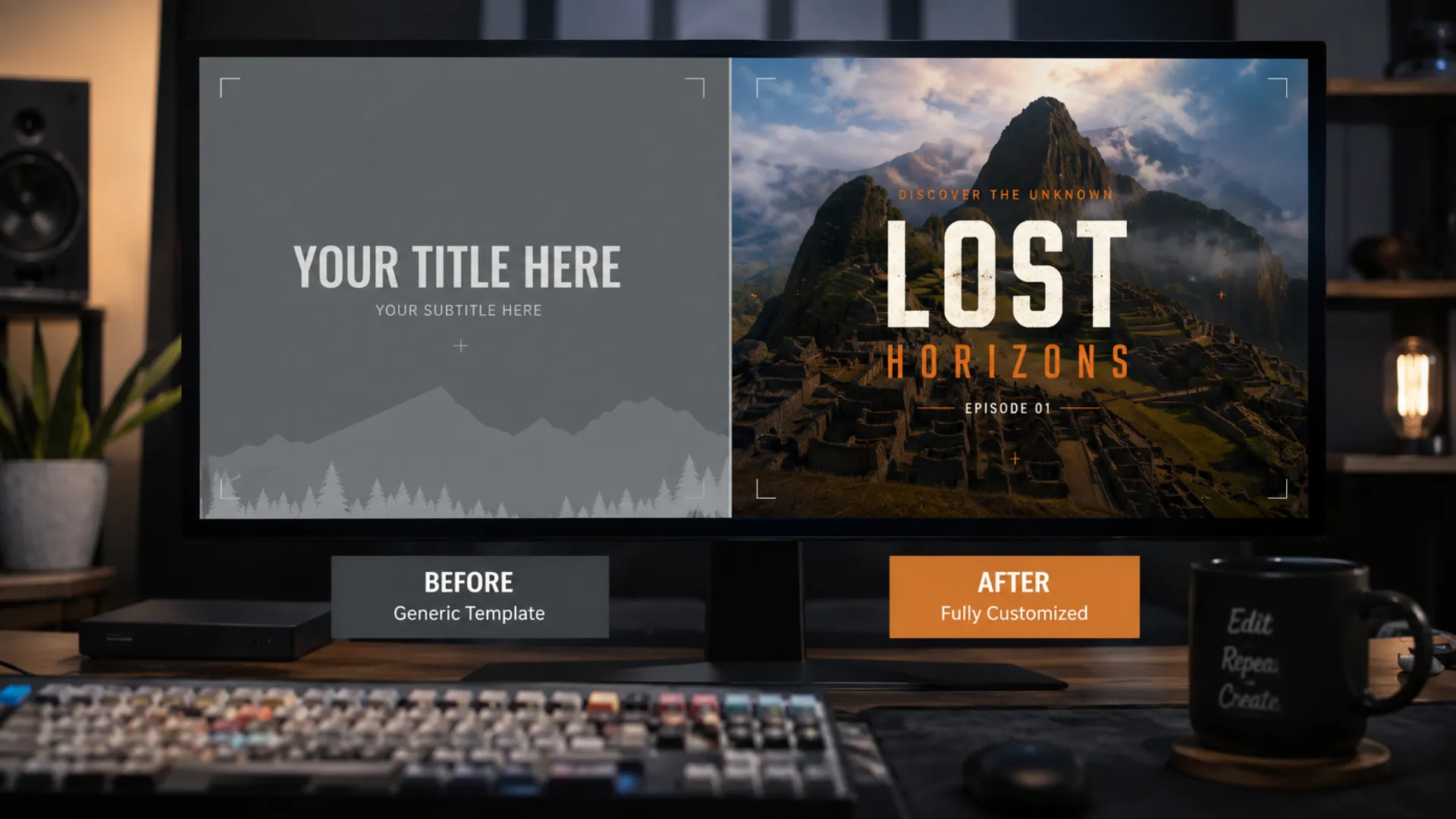 Before and after customization of a cinematic MOGRT intro template in Premiere Pro