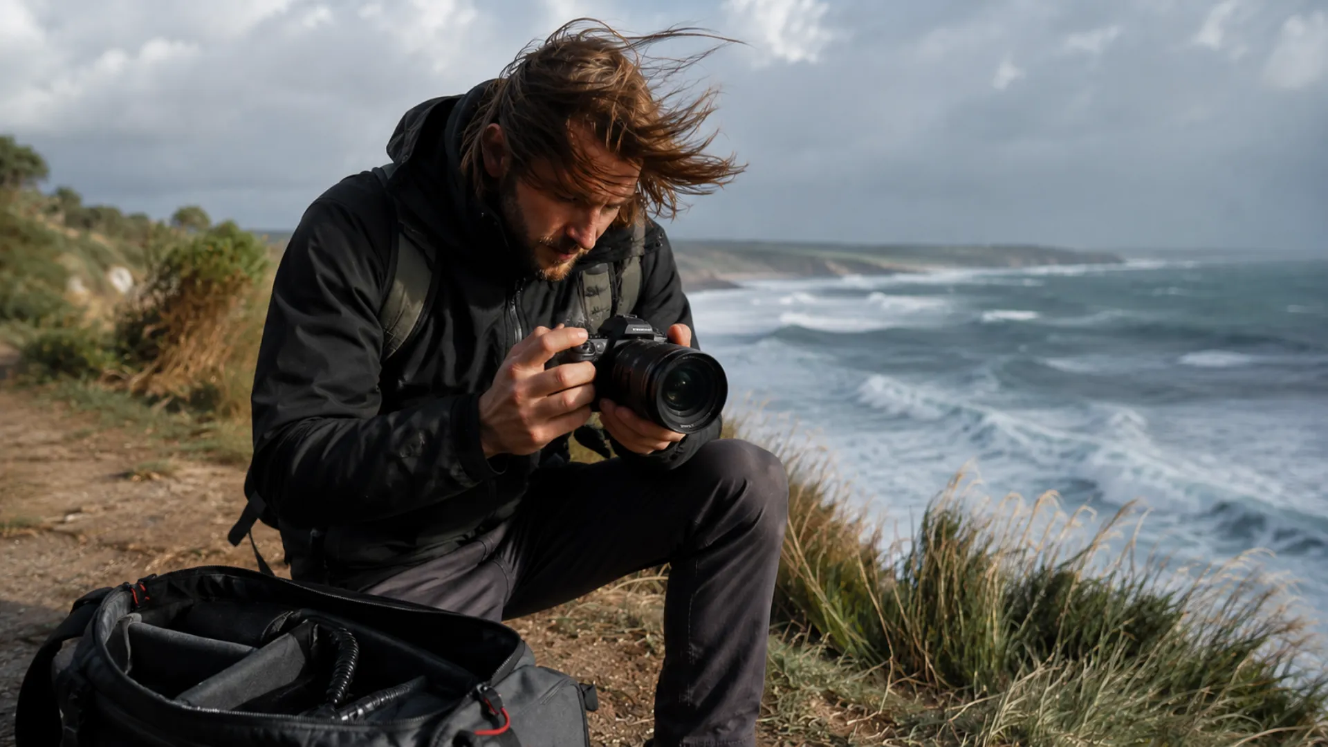 Videographer preparing a windscreen to prevent wind noise before filming video outdoors