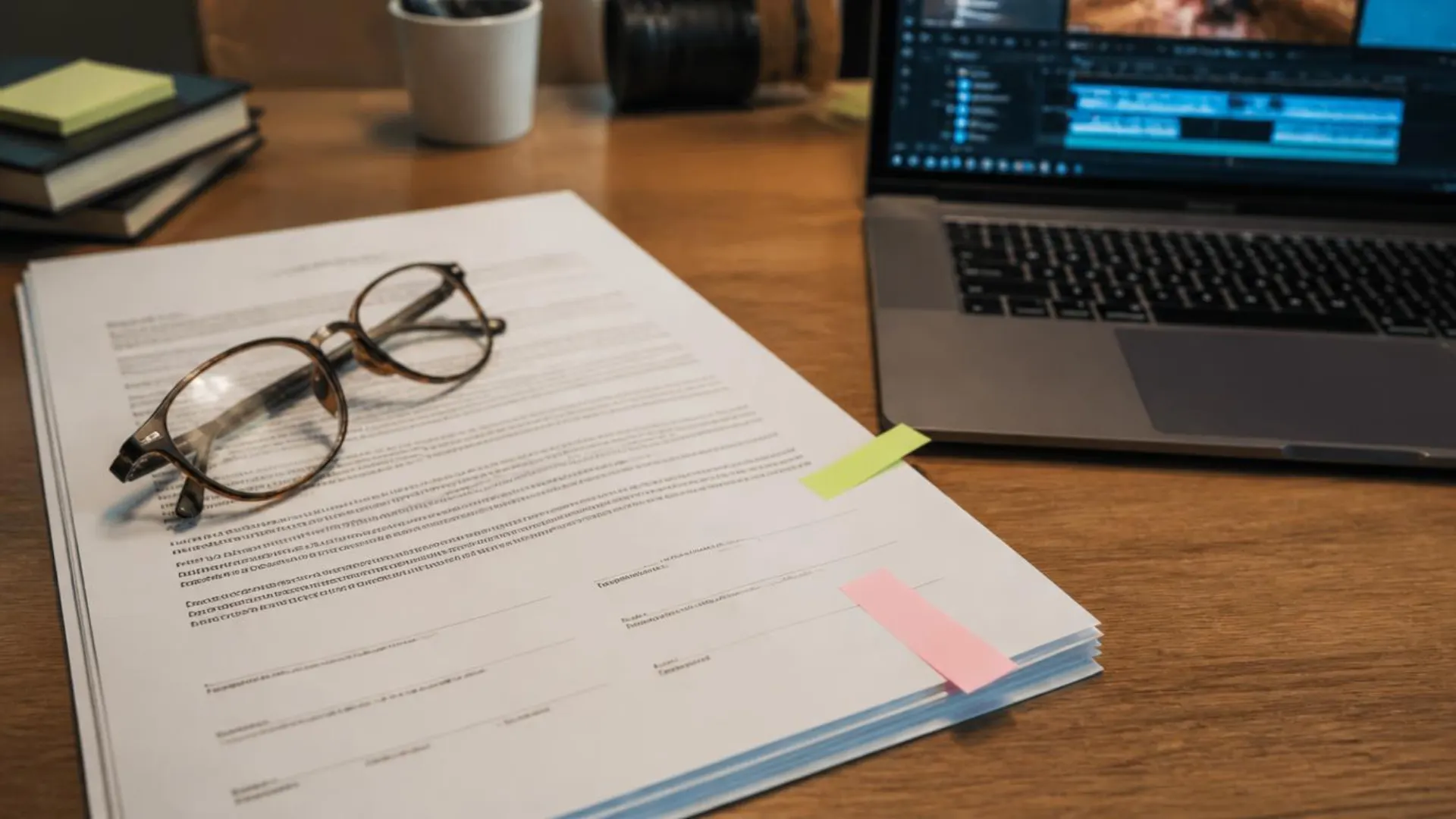 Printed freelance video editing contract with key clauses marked for review