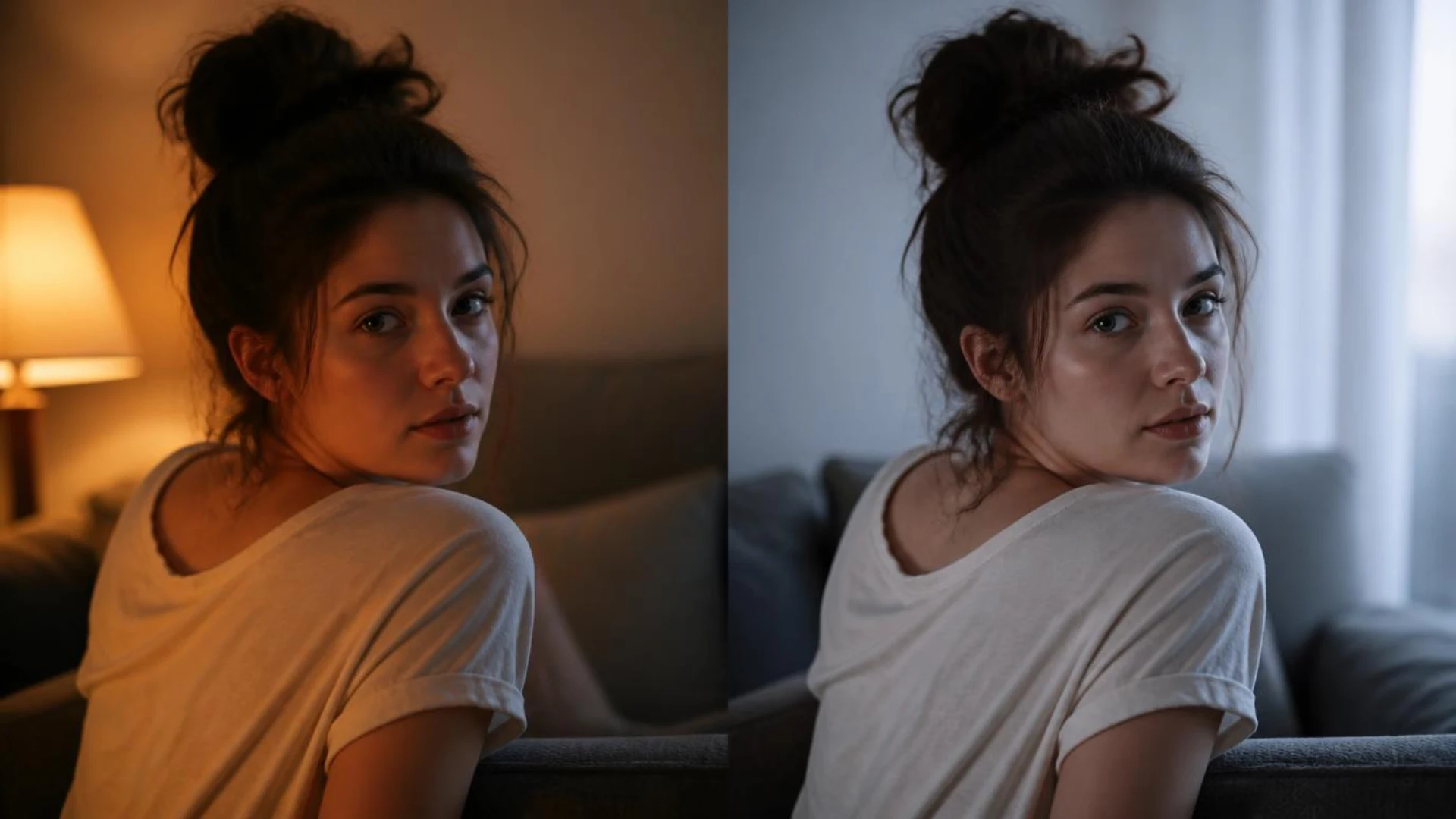 Side-by-side portrait comparing warm tungsten light and cool daylight moods