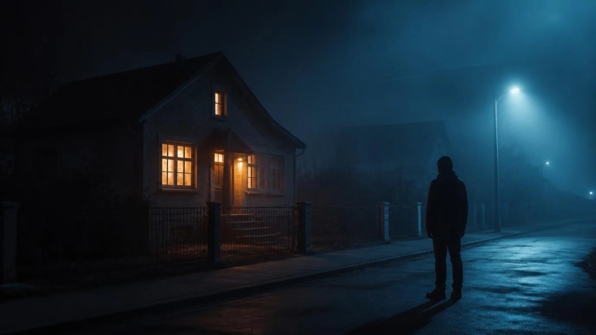 Warm window light contrasting with cool blue night in a cinematic scene
