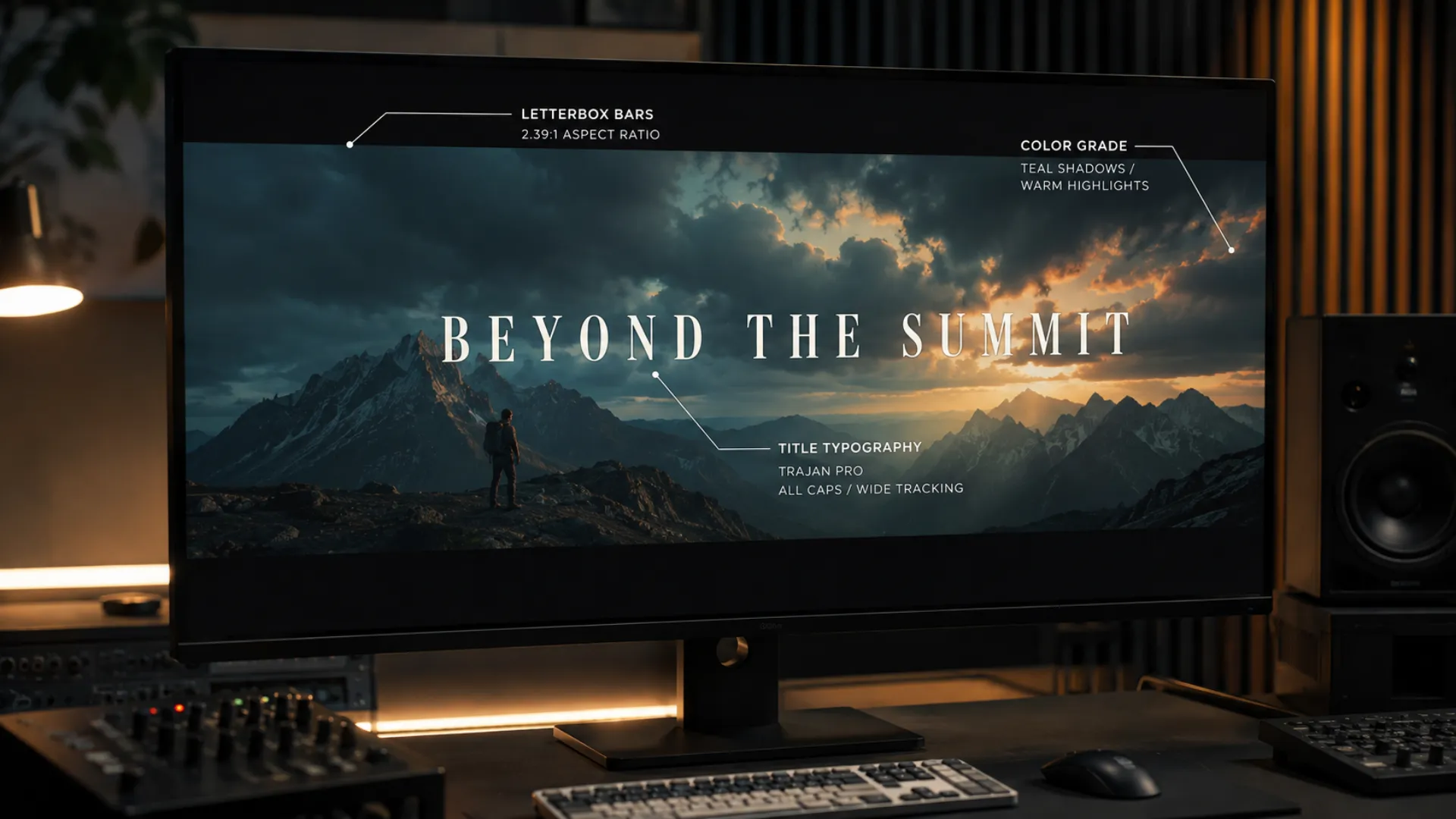Anatomy of a cinematic YouTube intro frame showing letterbox bars, typography, and color grade