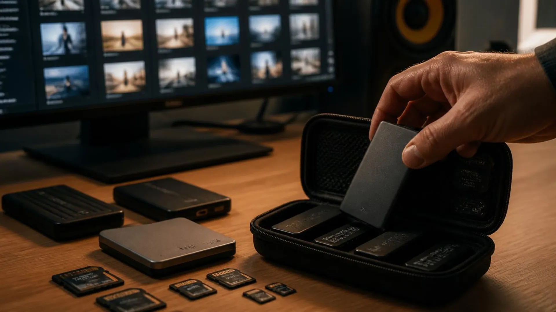 Hard drives with raw video footage next to an editing workstation, illustrating footage ownership