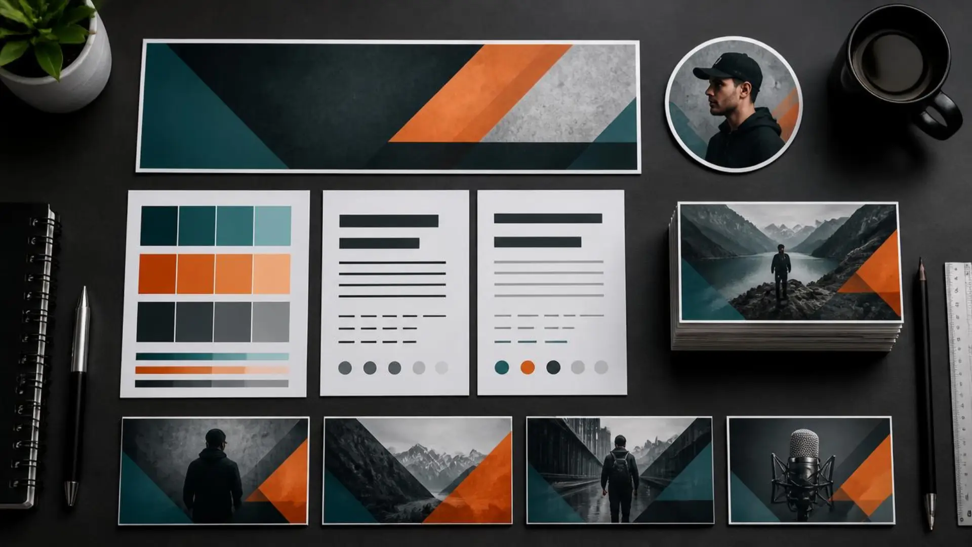 Core YouTube channel branding elements including color palette, fonts, profile picture, banner, and thumbnail templates