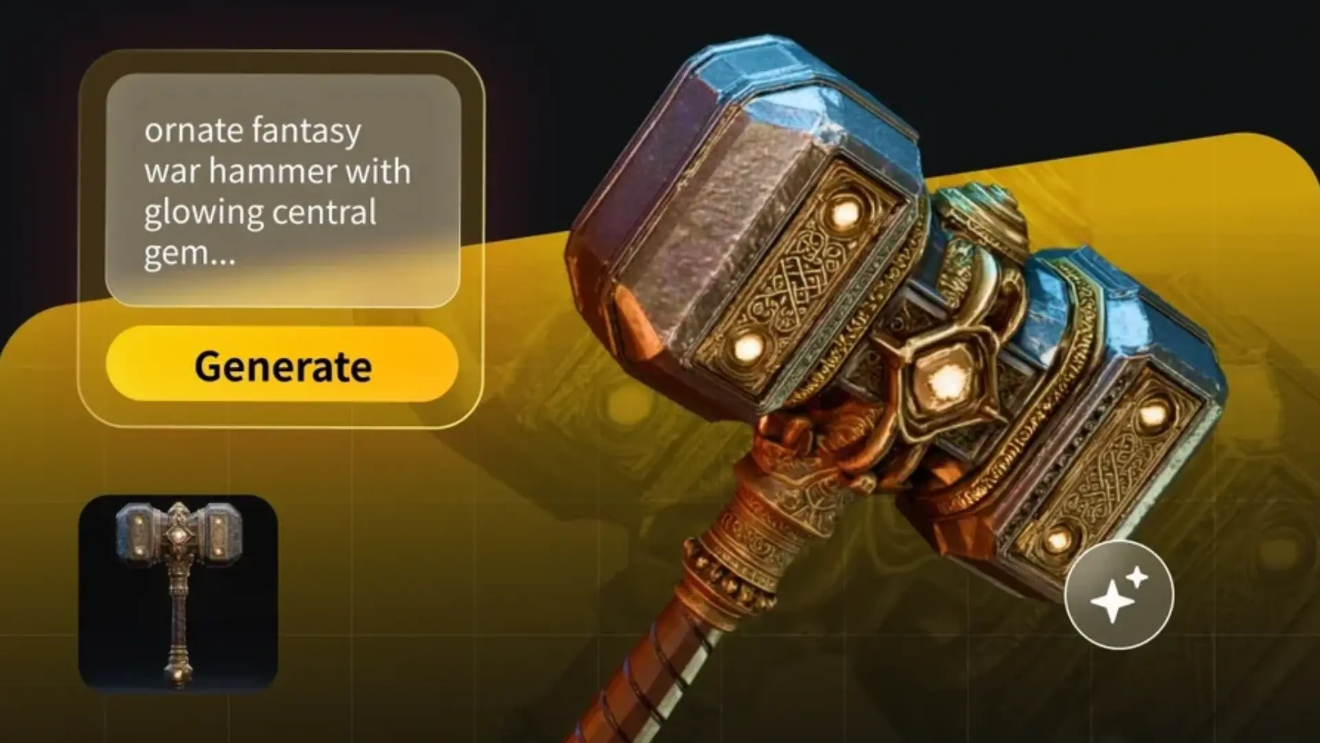 AI text-to-3D interface generating an ornate fantasy war hammer with glowing gems from a text prompt