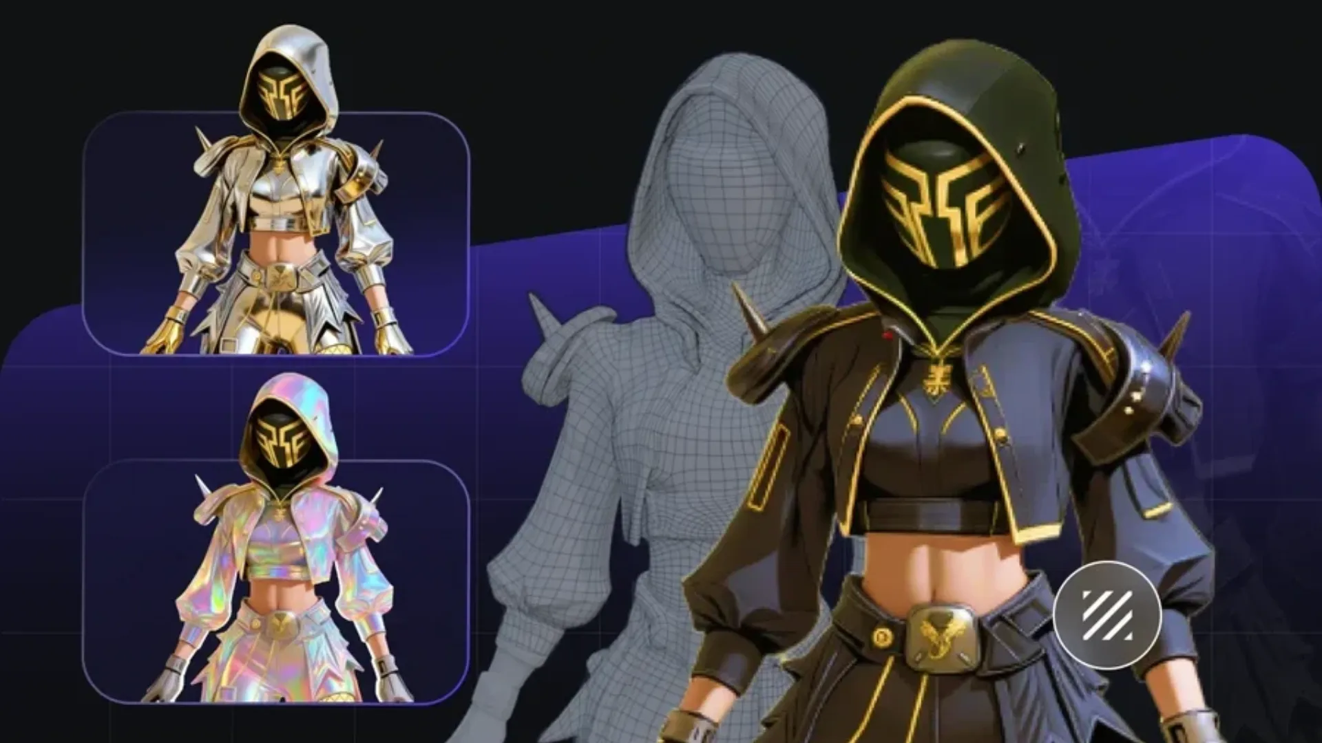 Render of a futuristic hooded female 3D character displaying three distinct texture options—black and gold, metallic silver, and holographic—overlaid on a grey wireframe topology mesh.