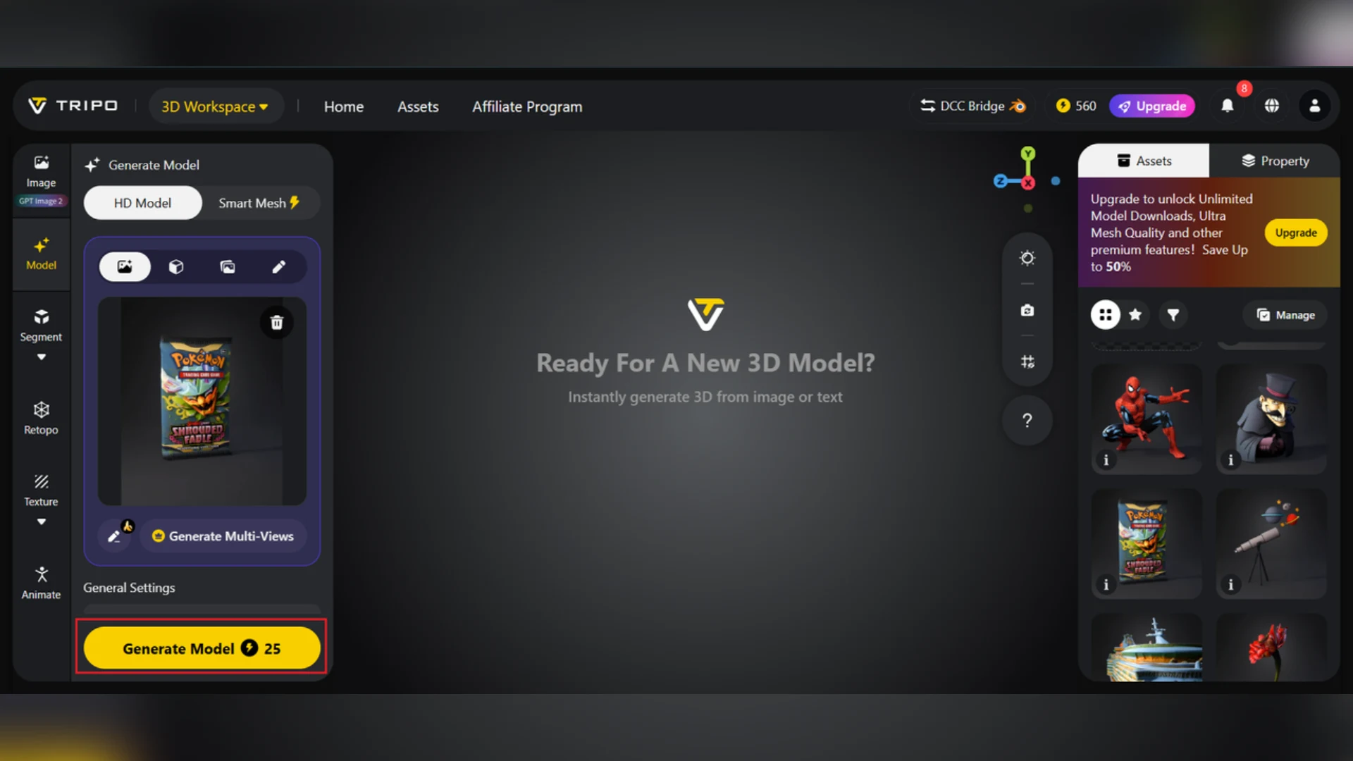Tripo AI 3D software interface showing an uploaded 2D image of a Pokémon card pack, highlighting the yellow Generate Model button in the left settings panel.