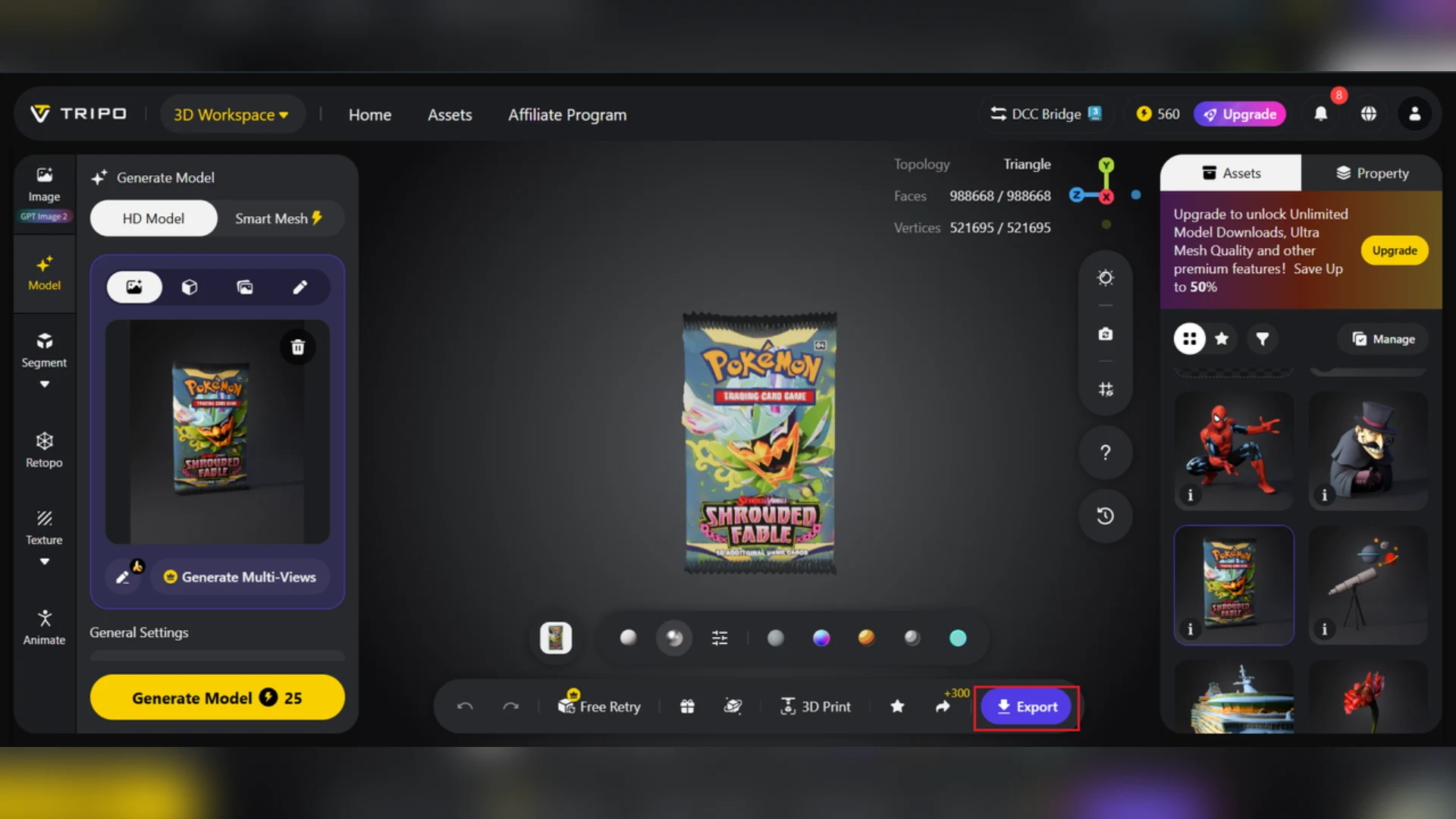 Tripo 3D Workspace user interface displaying a fully generated 3D model of a Pokémon Shrouded Fable card pack, with the bottom-right Export button highlighted in red.