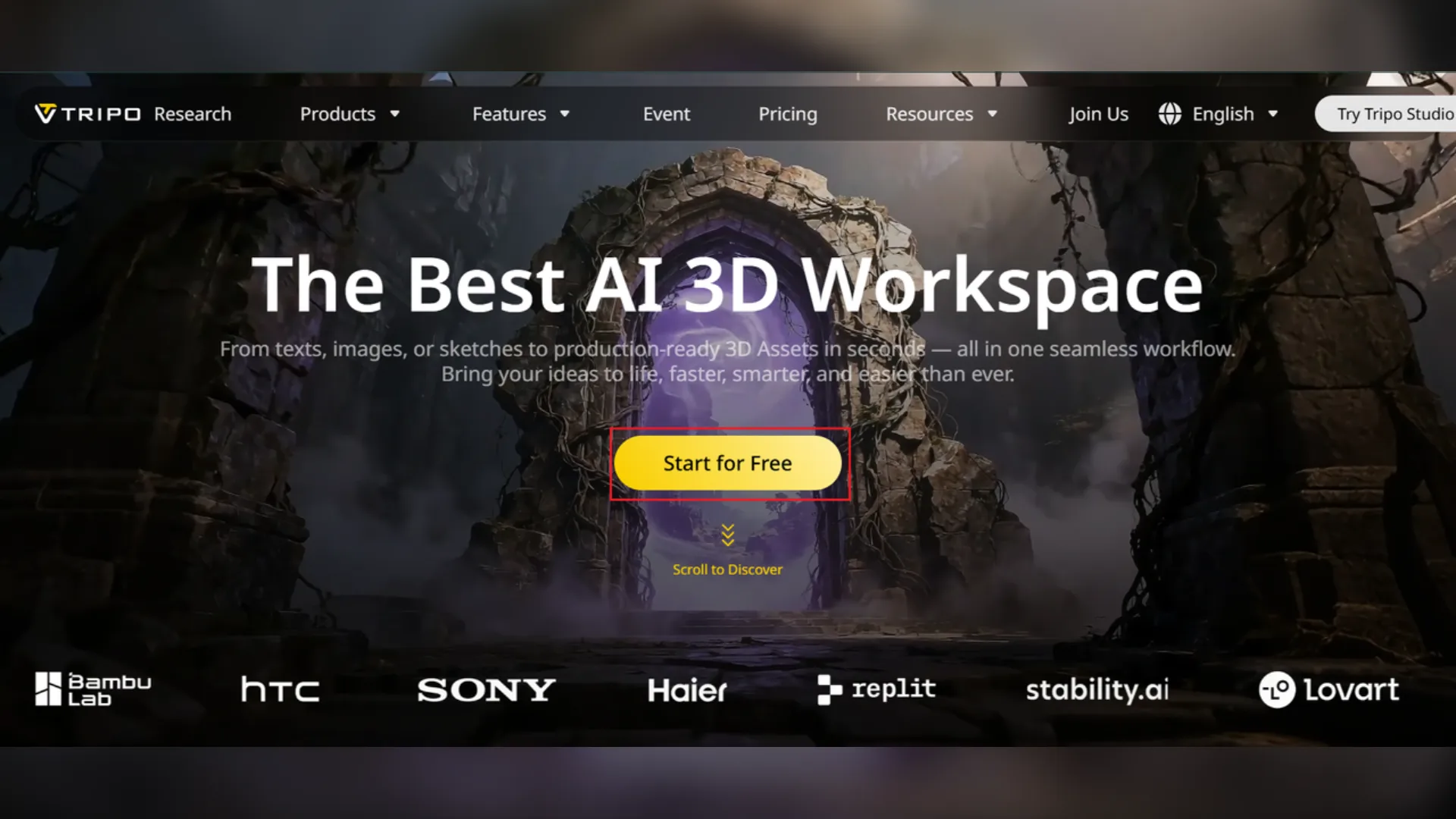 Tripo website homepage featuring a 3D fantasy portal background, the headline The Best AI 3D Workspace, and a highlighted Start for Free button.