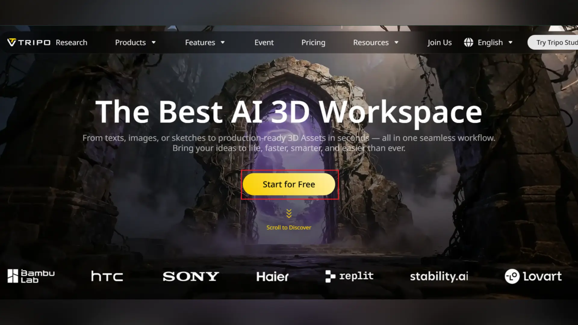 Tripo website homepage promoting an AI 3D workspace that turns text, images, and sketches into production-ready 3D assets