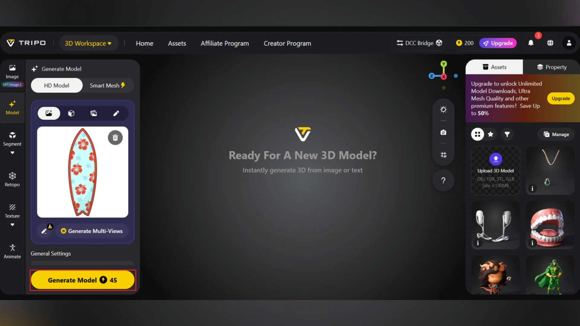 Tripo 3D workspace displaying the Generate Model interface with an uploaded surfboard image and a highlighted Generate Model button