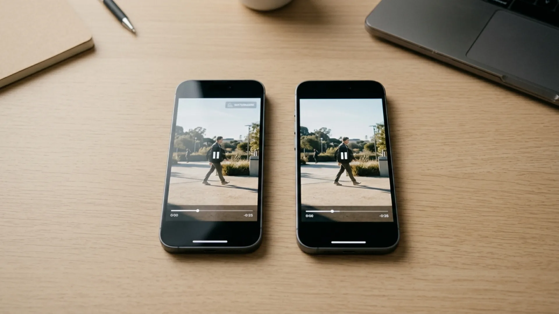 Two phones side by side comparing a watermarked CapCut free export with a clean watermark-free export