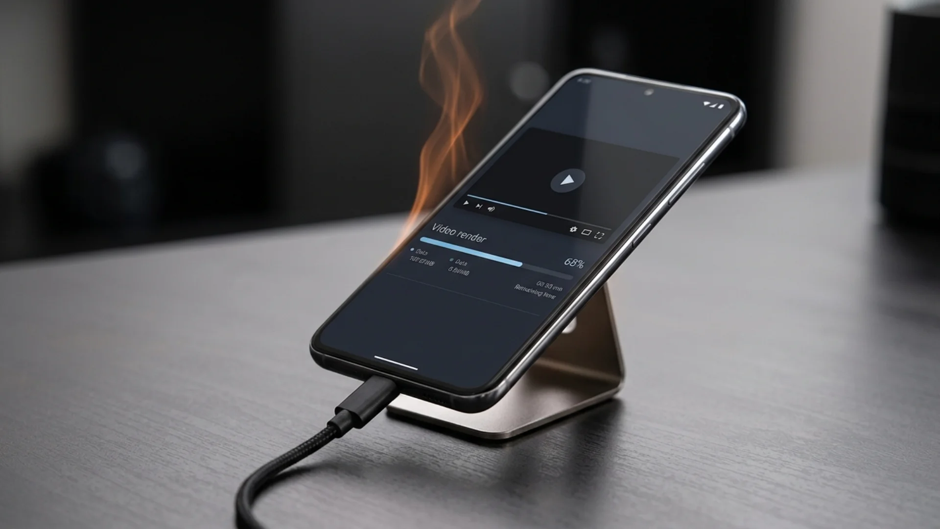 Android phone on a stand rendering a 4K video export while plugged into a USB-C cable