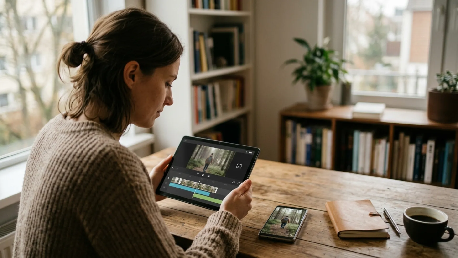 Creator editing mobile video on an Android tablet with the original footage open on a phone beside it