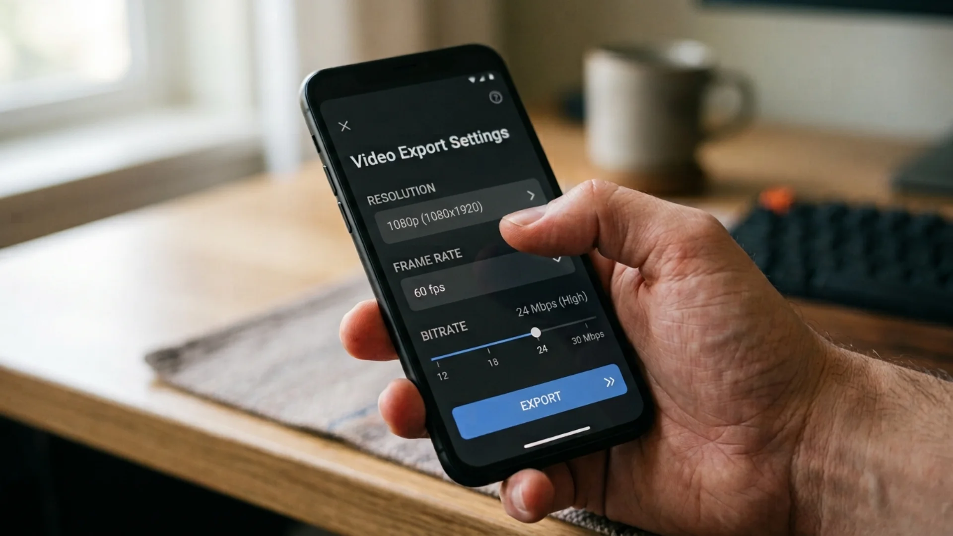 Hand adjusting resolution frame rate and bitrate options on an Android video export settings screen