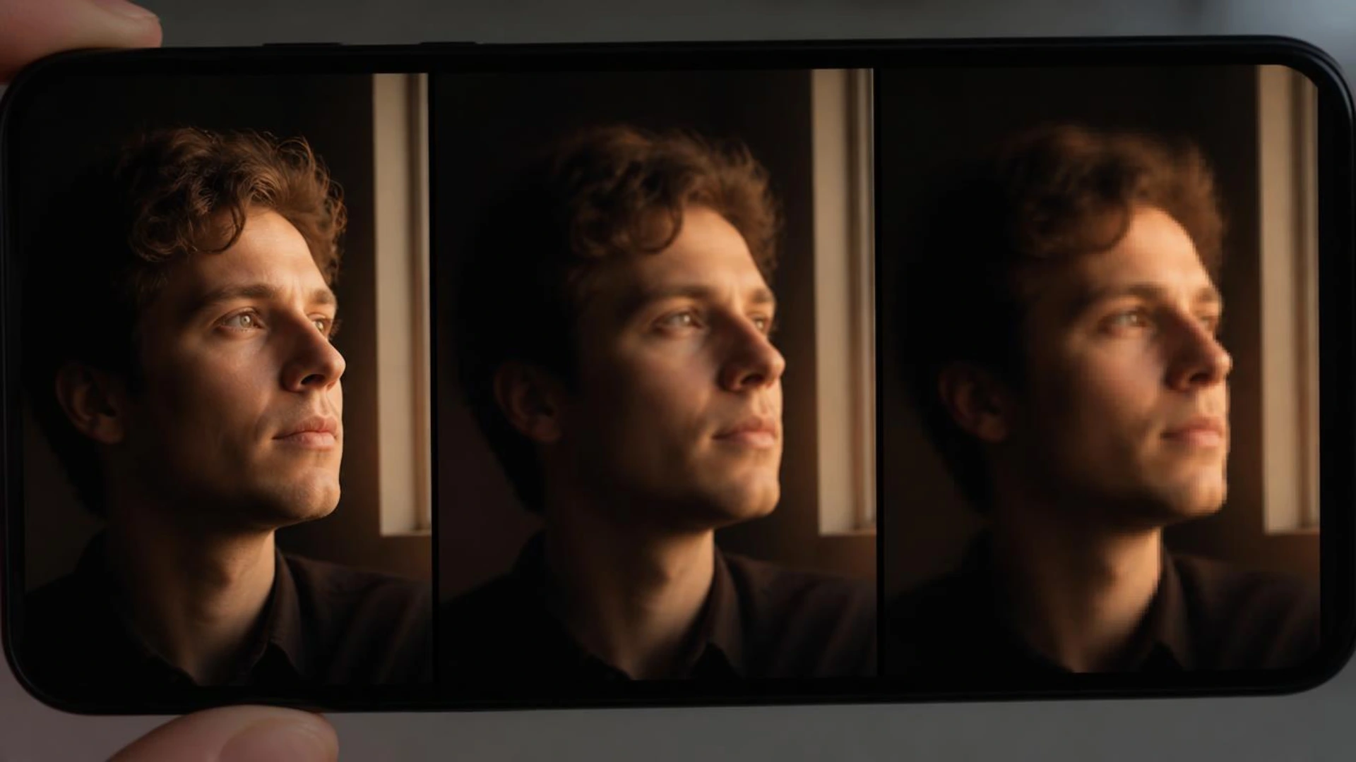 Side by side comparison of the same video frame degrading across three export generations on an Android phone