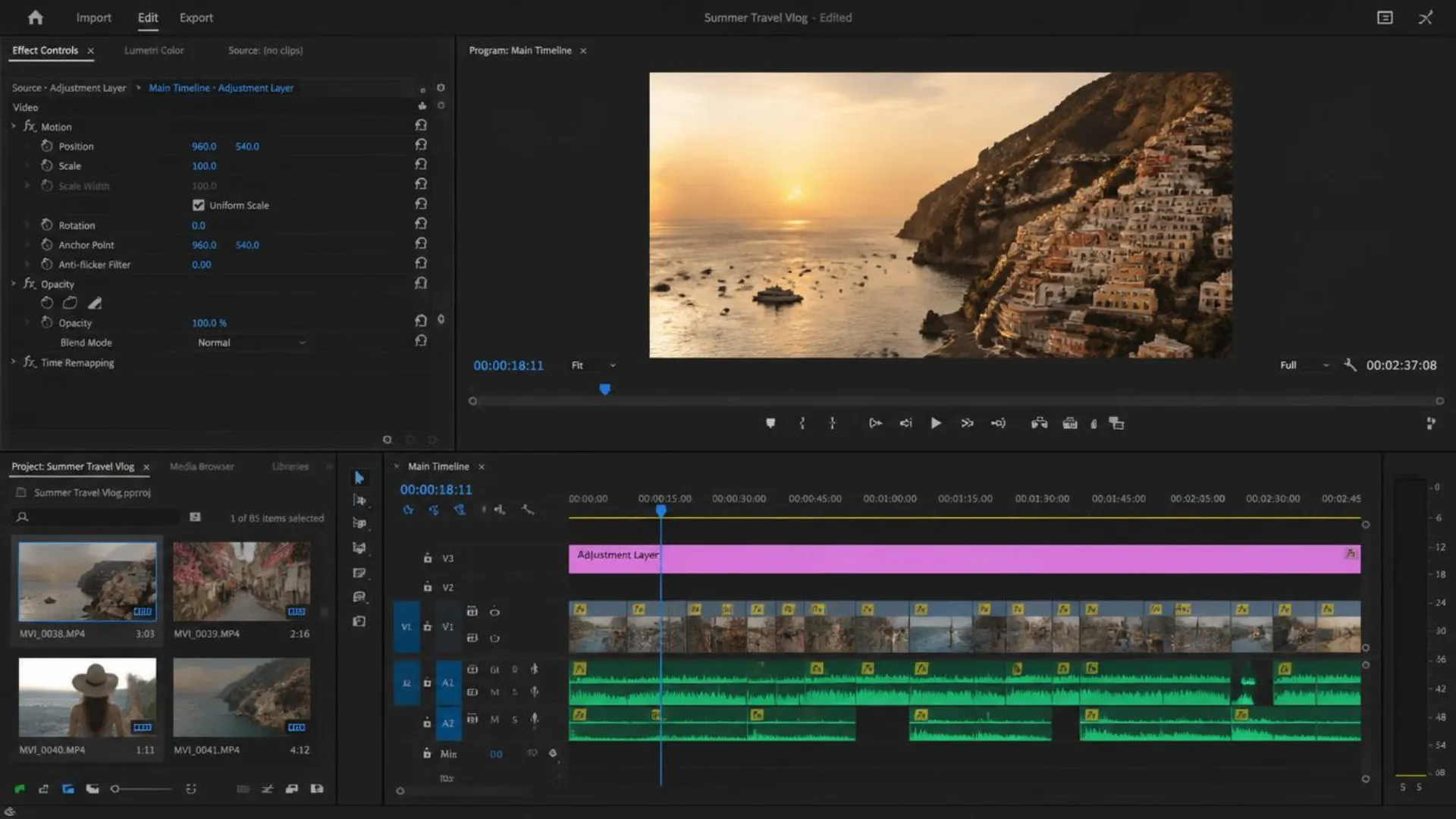 Adjustment layer applying one LUT across many clips in a Premiere Pro timeline